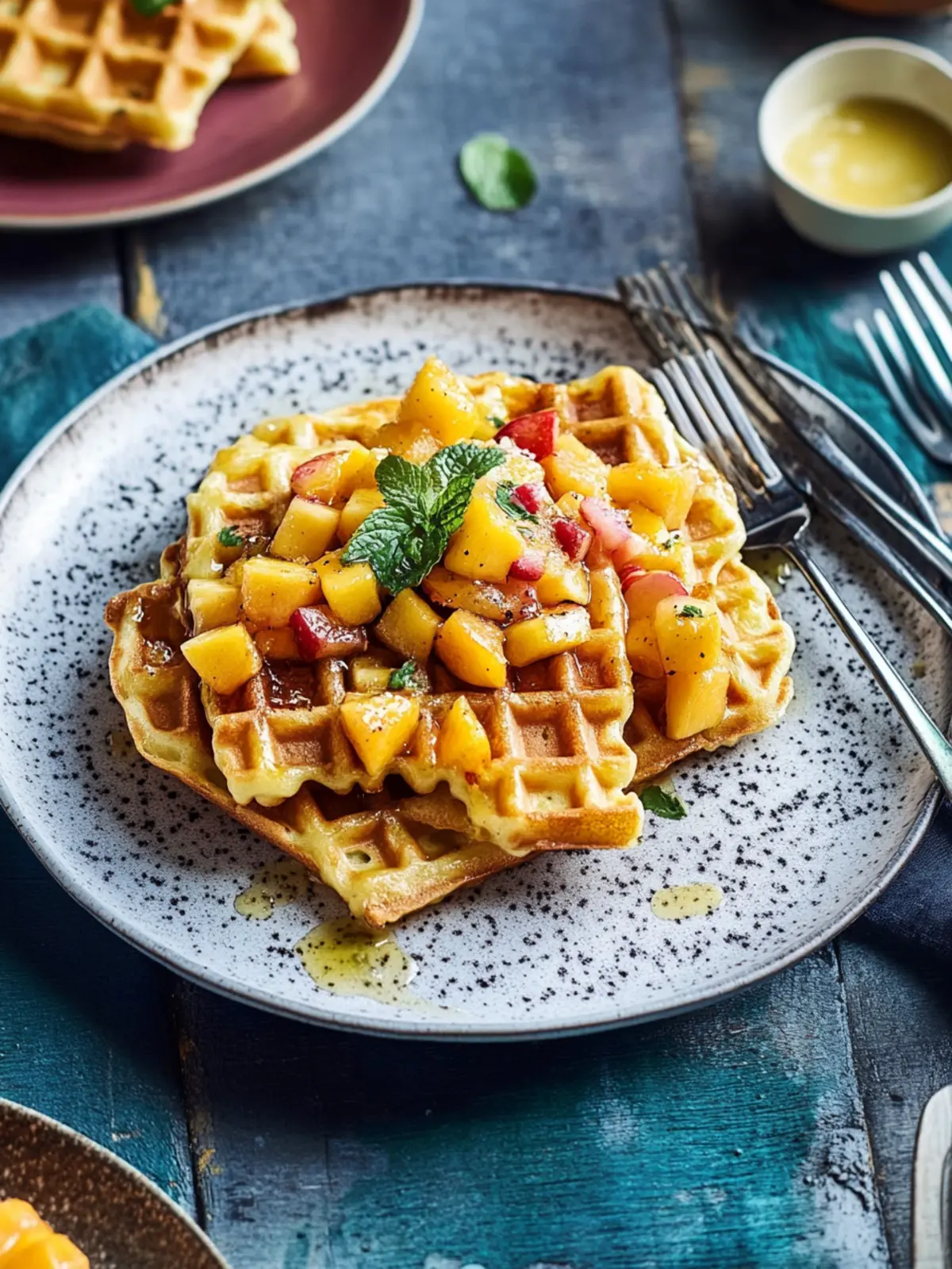 Rösti-Waffeln mit Apfel-Mango-Kompott