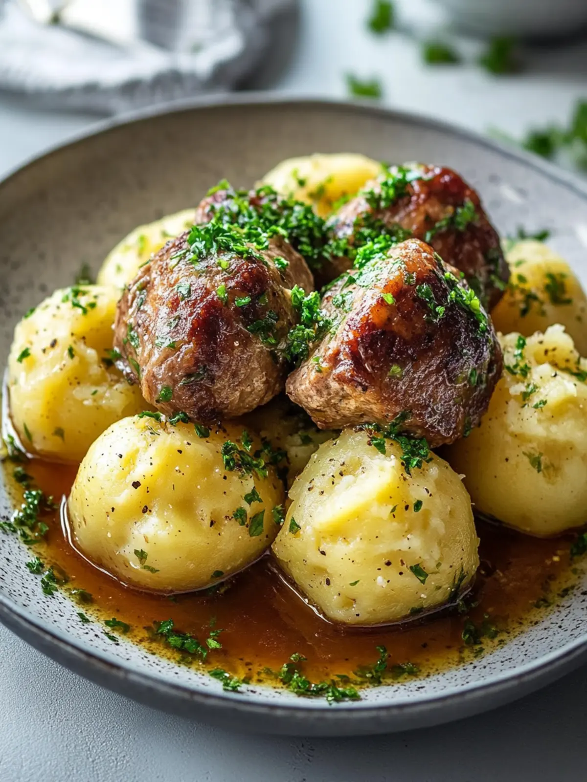 Klassische Kartoffelknödel mit zartem Rinderbraten und Soße