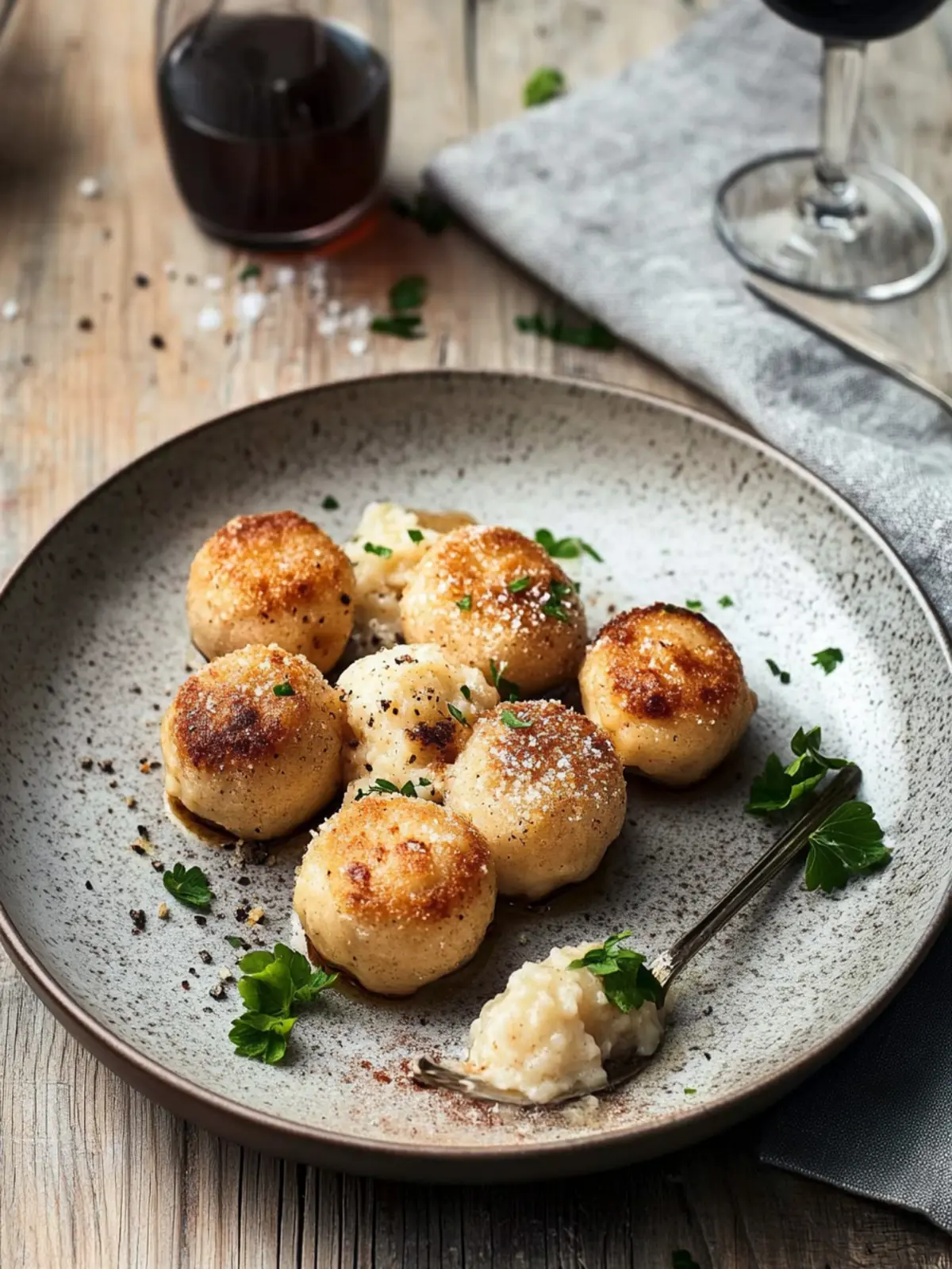 Fried mini dumplings with porcini cream