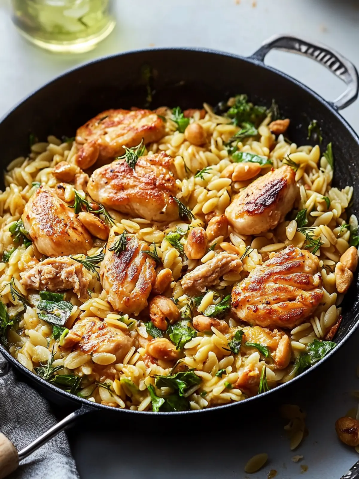 Hähnchen aus einer Pfanne mit buttrigen Orzo