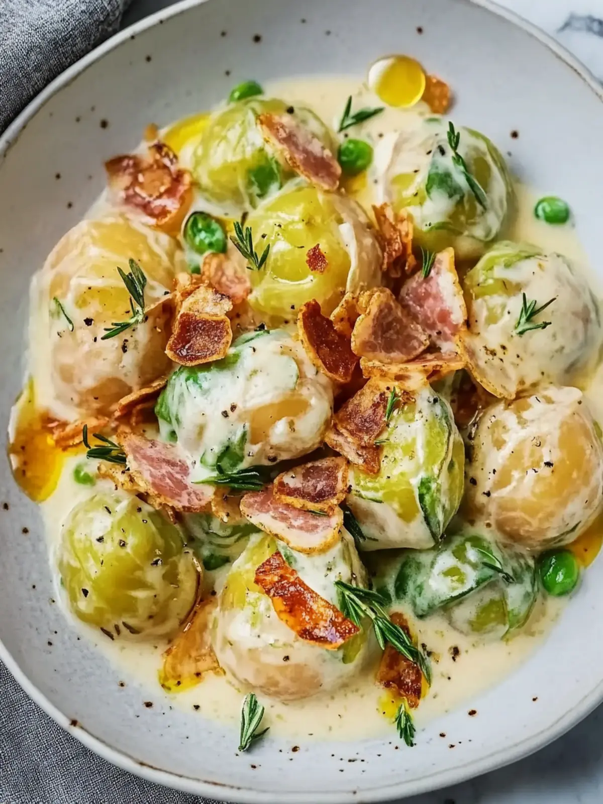 Cremige Rosenkohl mit Speck und Sauce