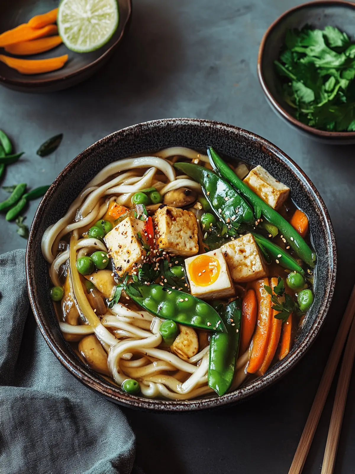 Ein-Topf Udon-Nudeln mit Ingwer-Gemüse und Tofu