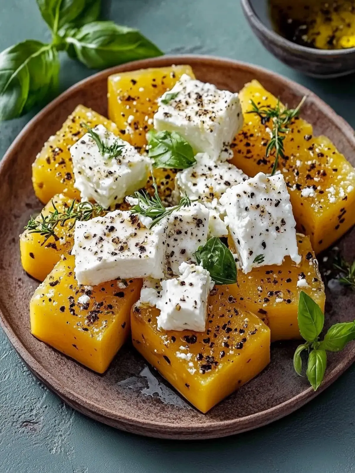 Kürbiswürfel mit gebackenem Feta genießen