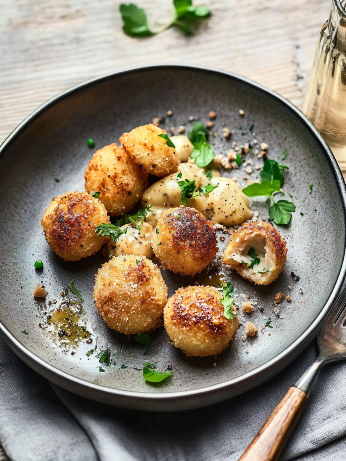 Fried mini dumplings with porcini cream