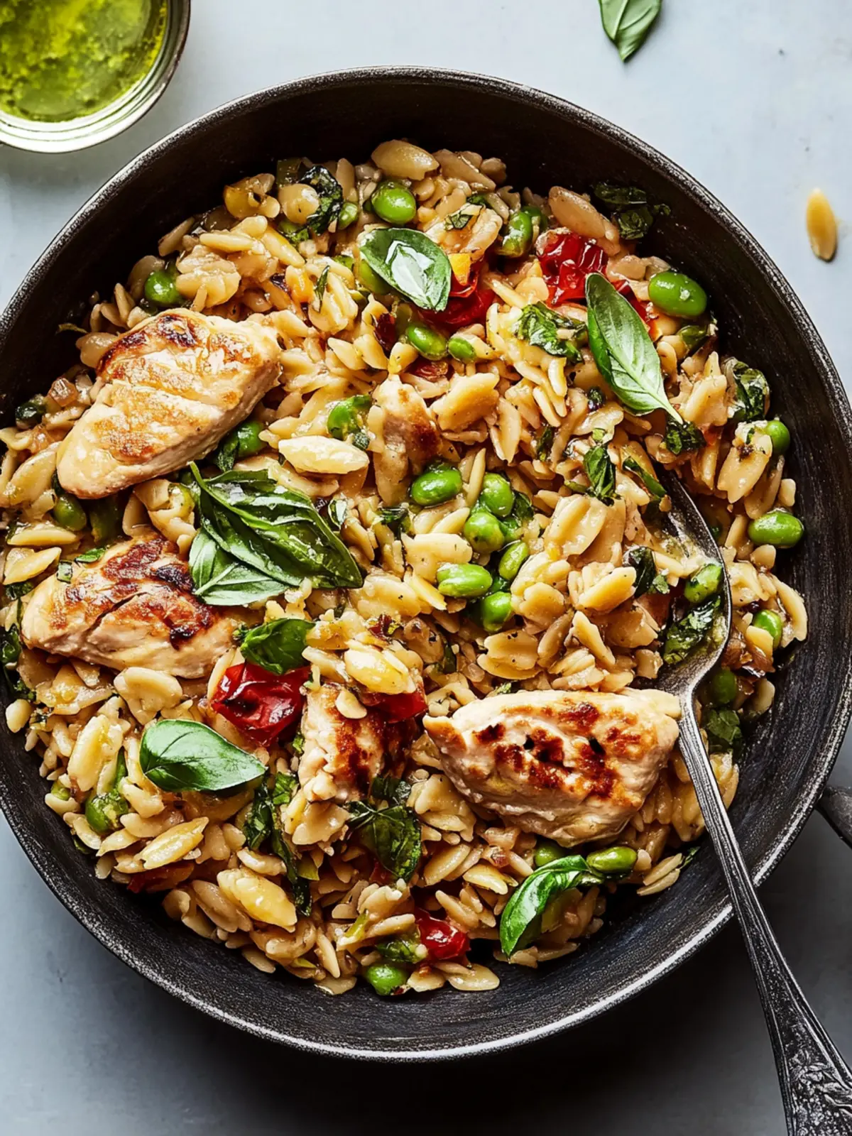 Hähnchen aus einer Pfanne mit buttrigen Orzo
