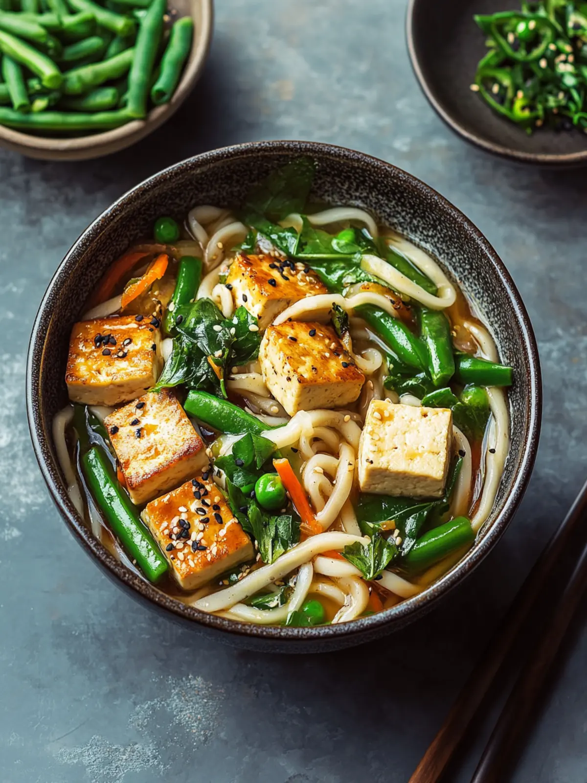 Ein-Topf Udon-Nudeln mit Ingwer-Gemüse und Tofu