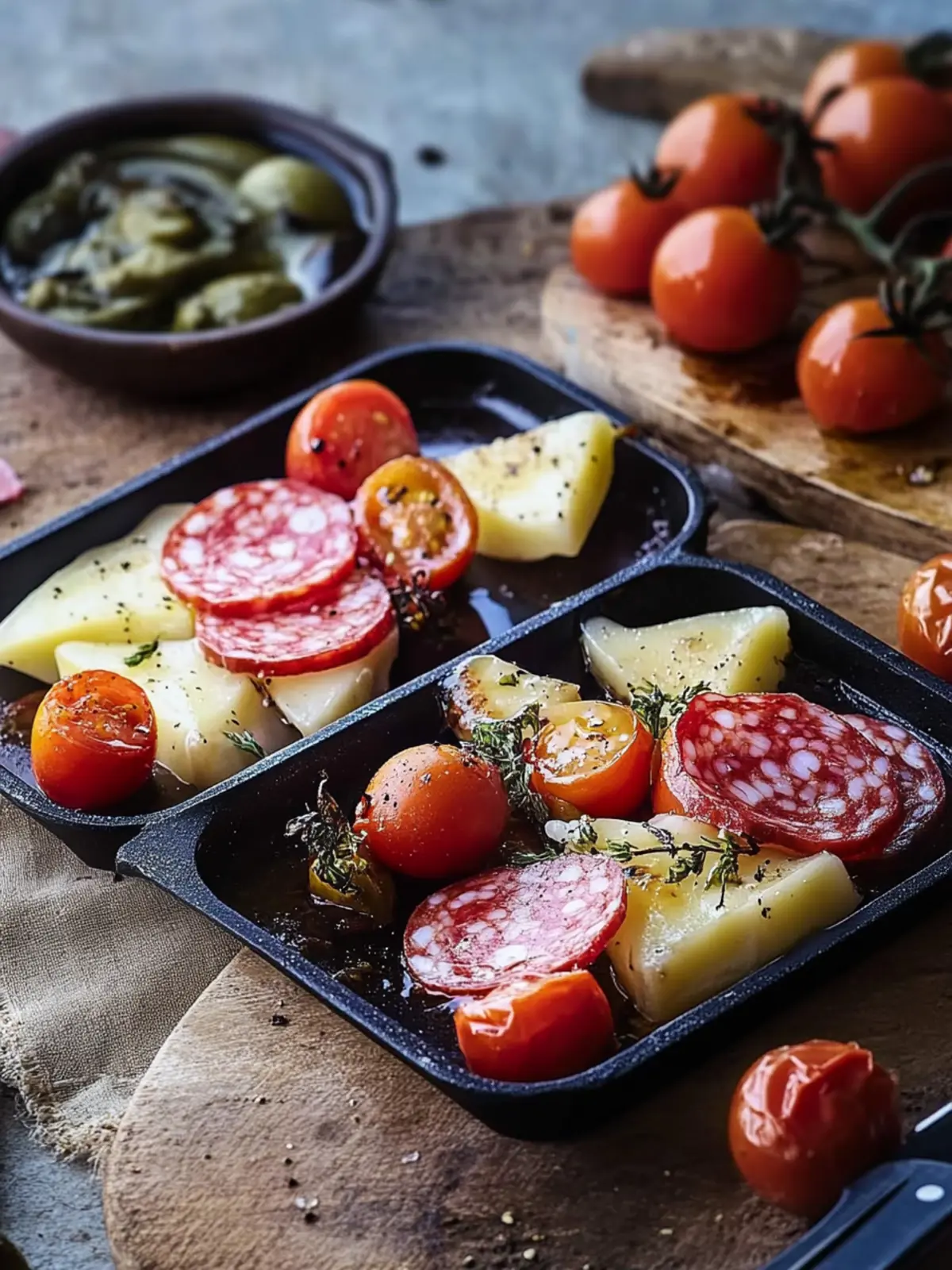 Raclette Pfännchen mit Salami und Tomaten