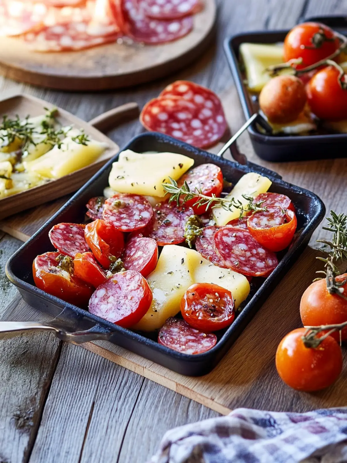 Raclette Pfännchen mit Salami und Tomaten