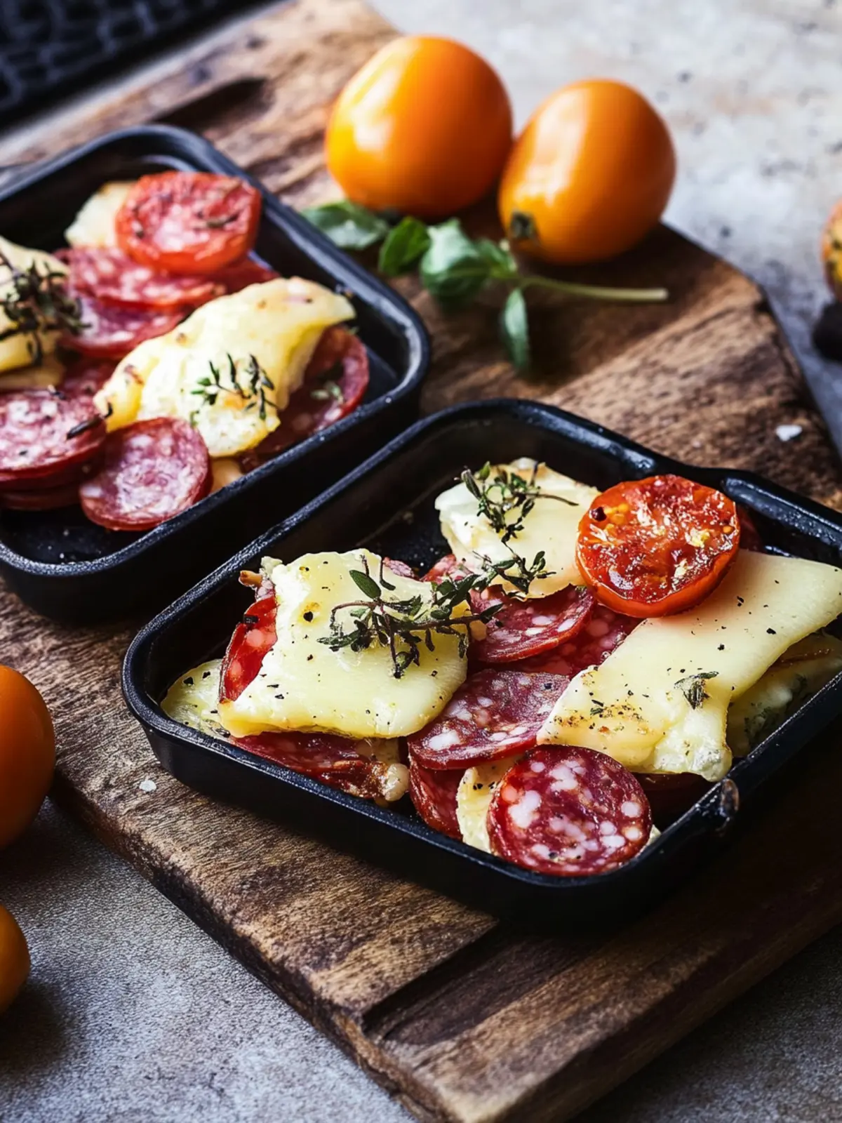 Raclette Pfännchen mit Salami und Tomaten