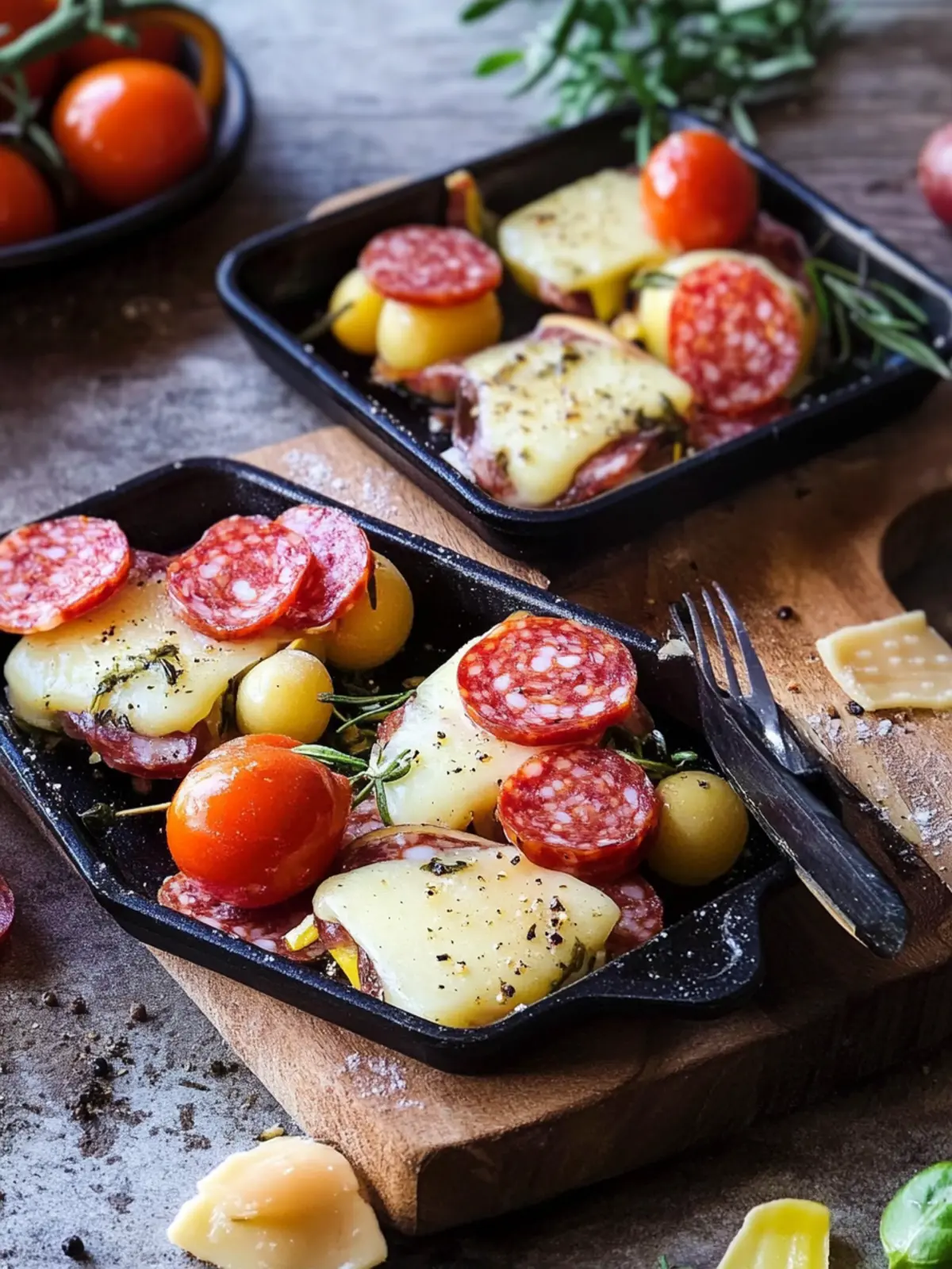 Raclette Pfännchen mit Salami und Tomaten