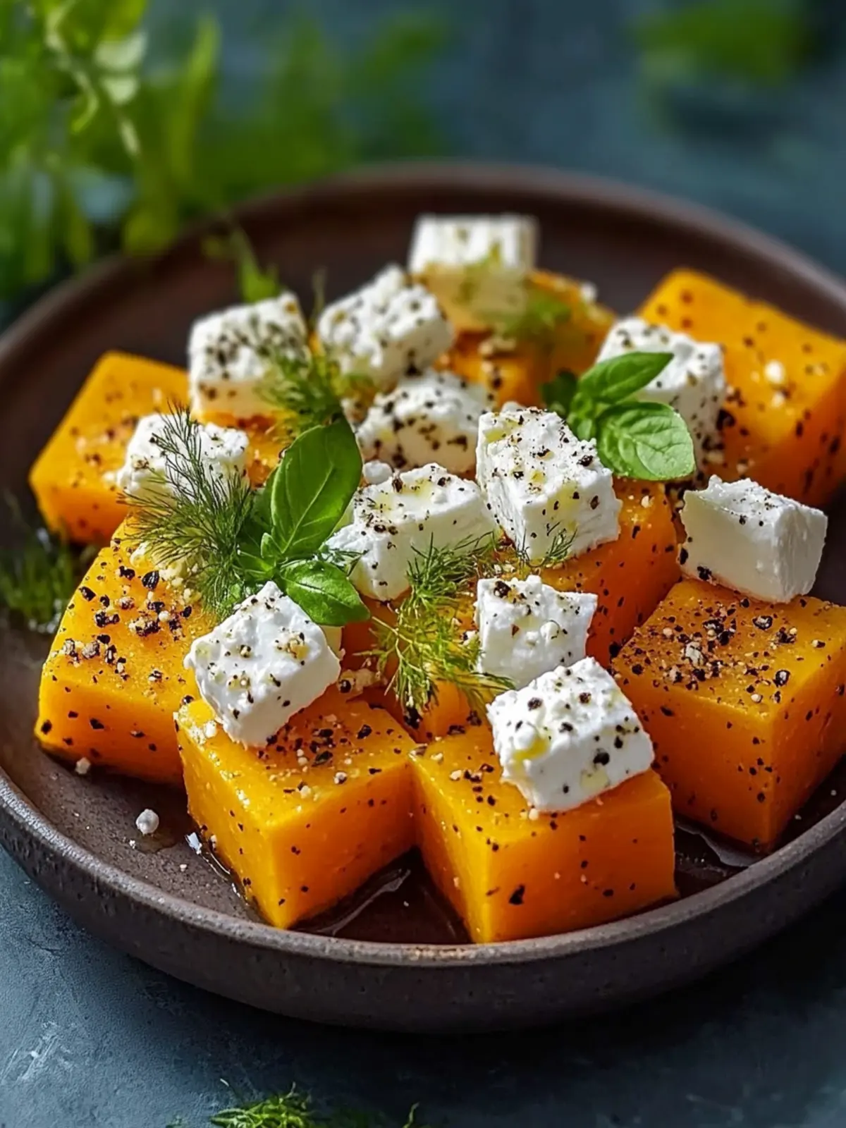 Kürbiswürfel mit gebackenem Feta genießen