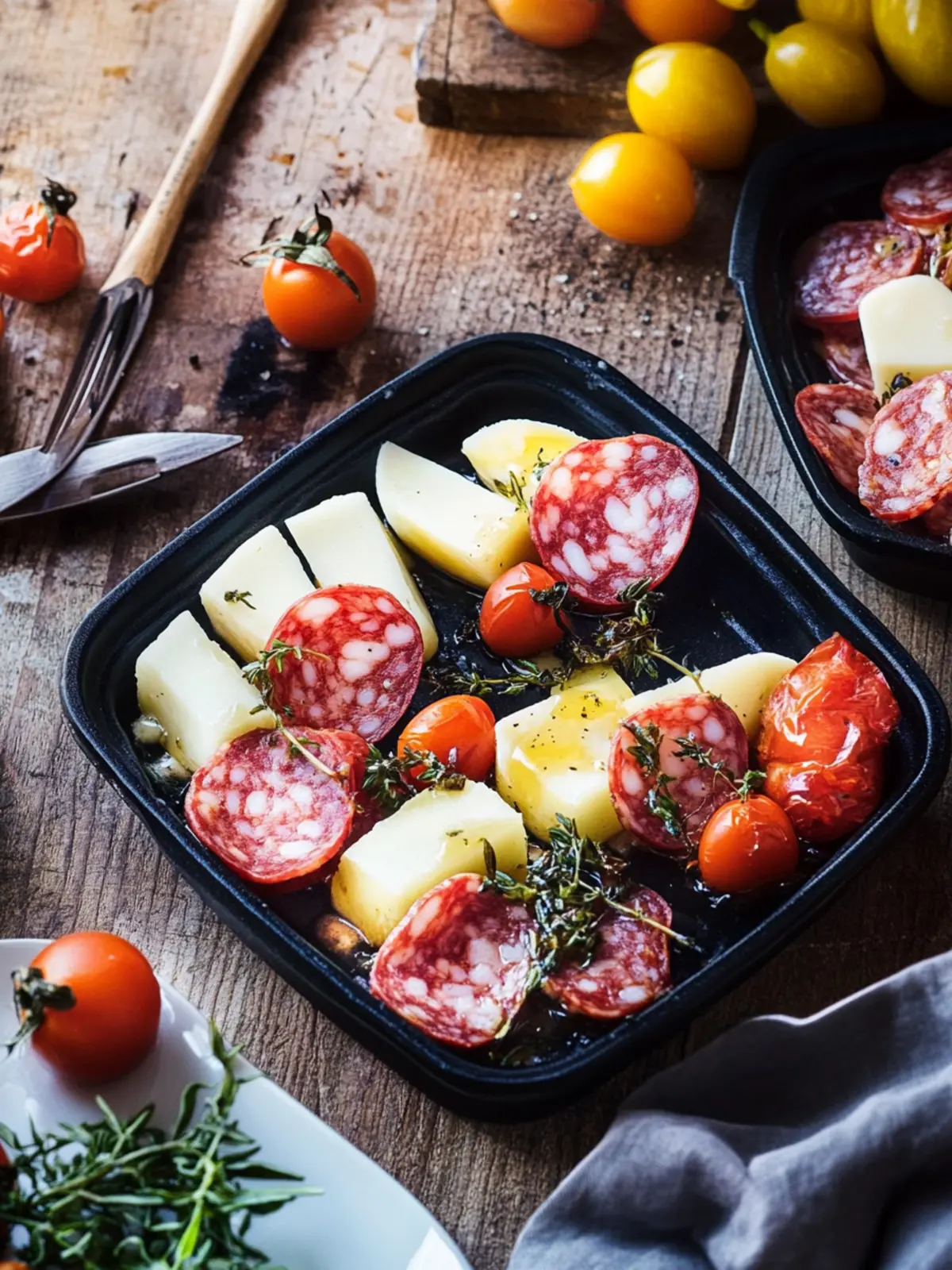 Raclette Pfännchen mit Salami und Tomaten