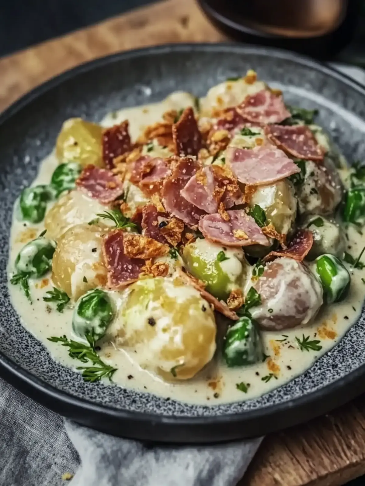 Cremige Rosenkohl mit Speck und Sauce