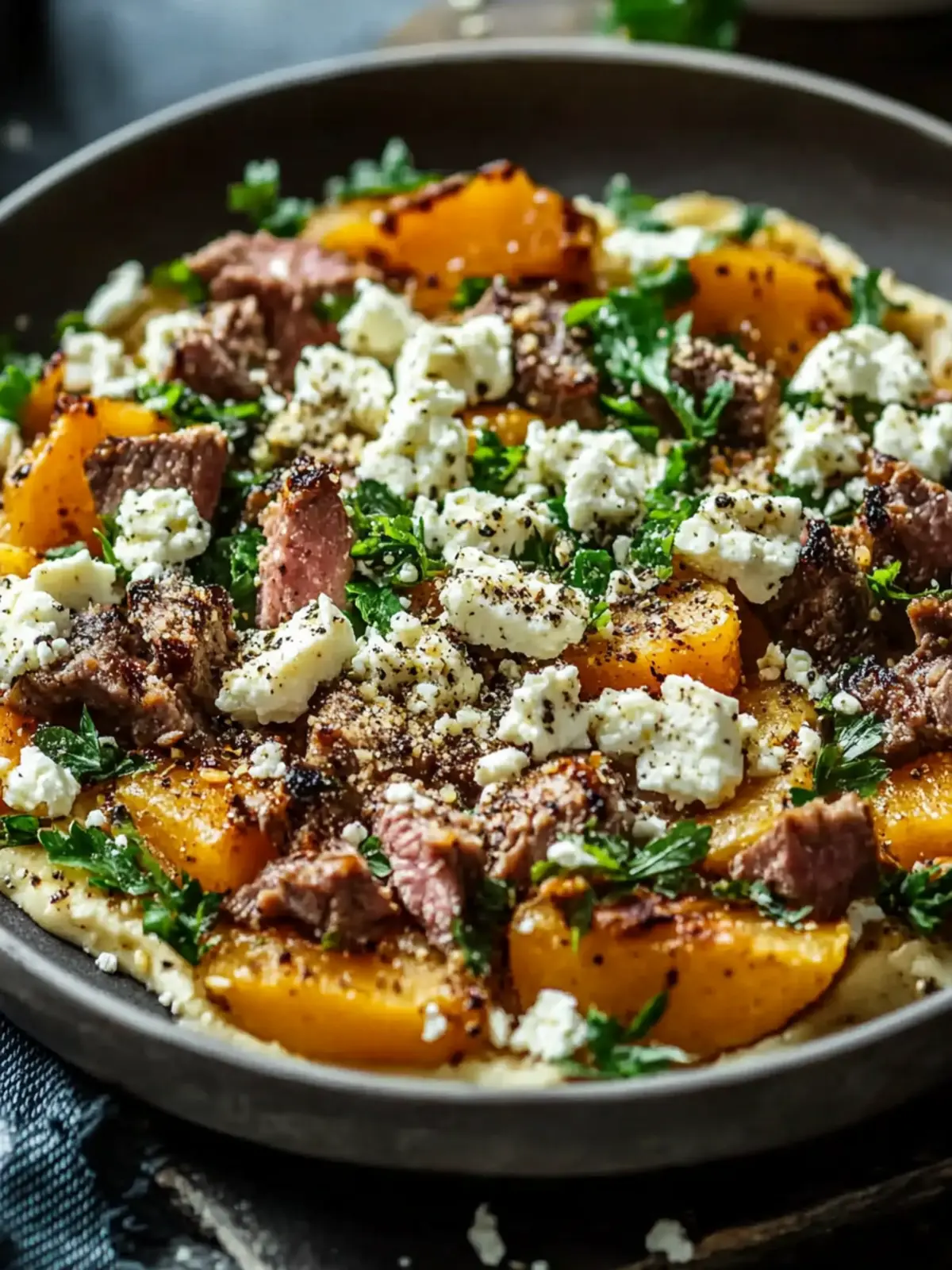 Sweet potato minced meat casserole with feta
