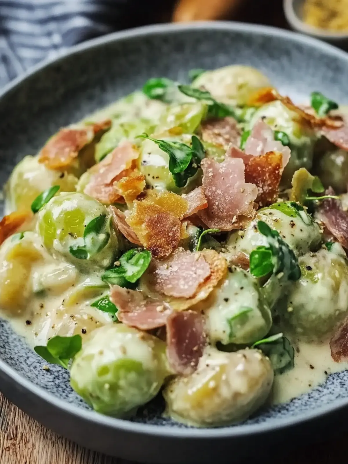 Cremige Rosenkohl mit Speck und Sauce