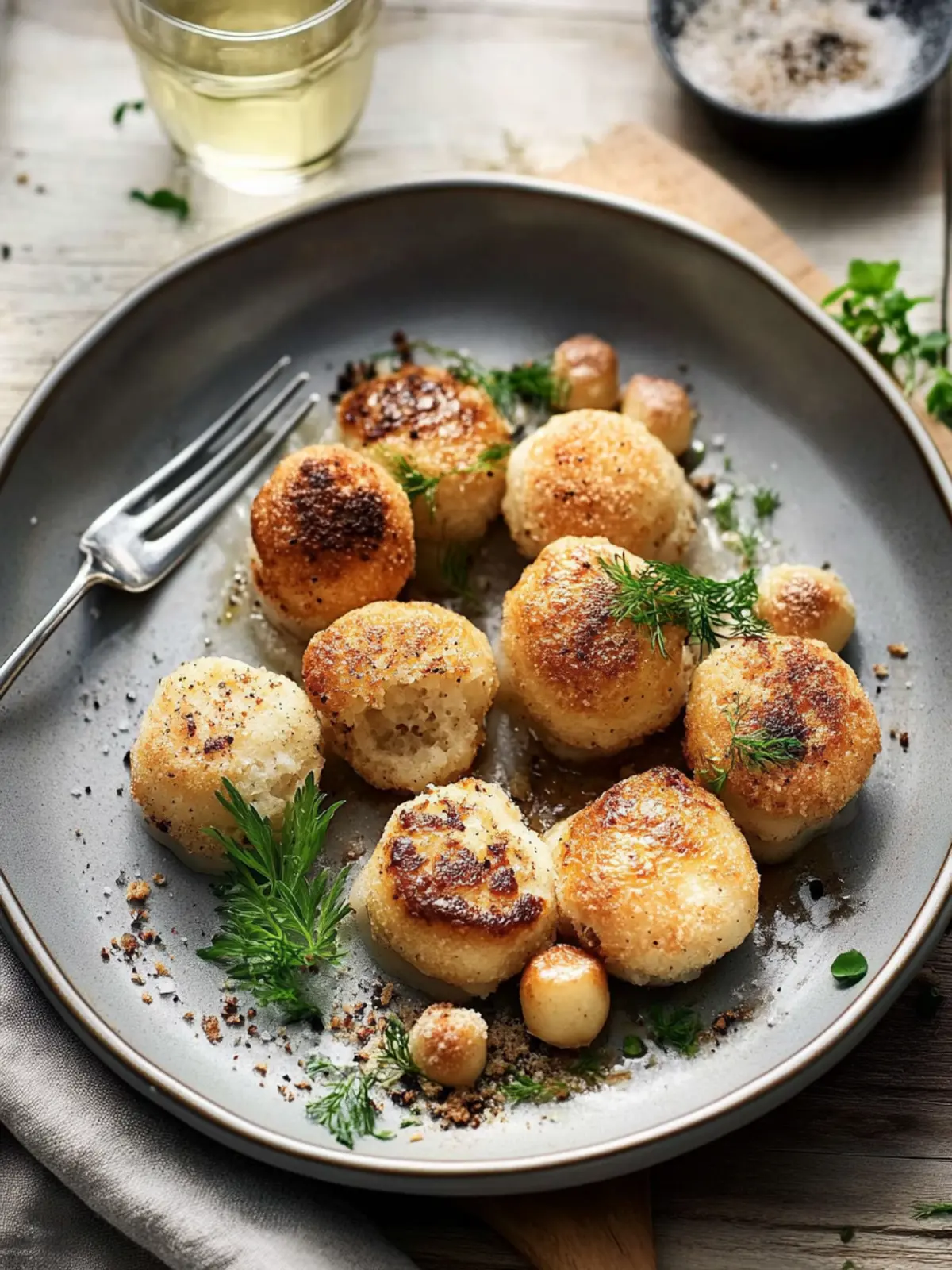 Fried mini dumplings with porcini cream