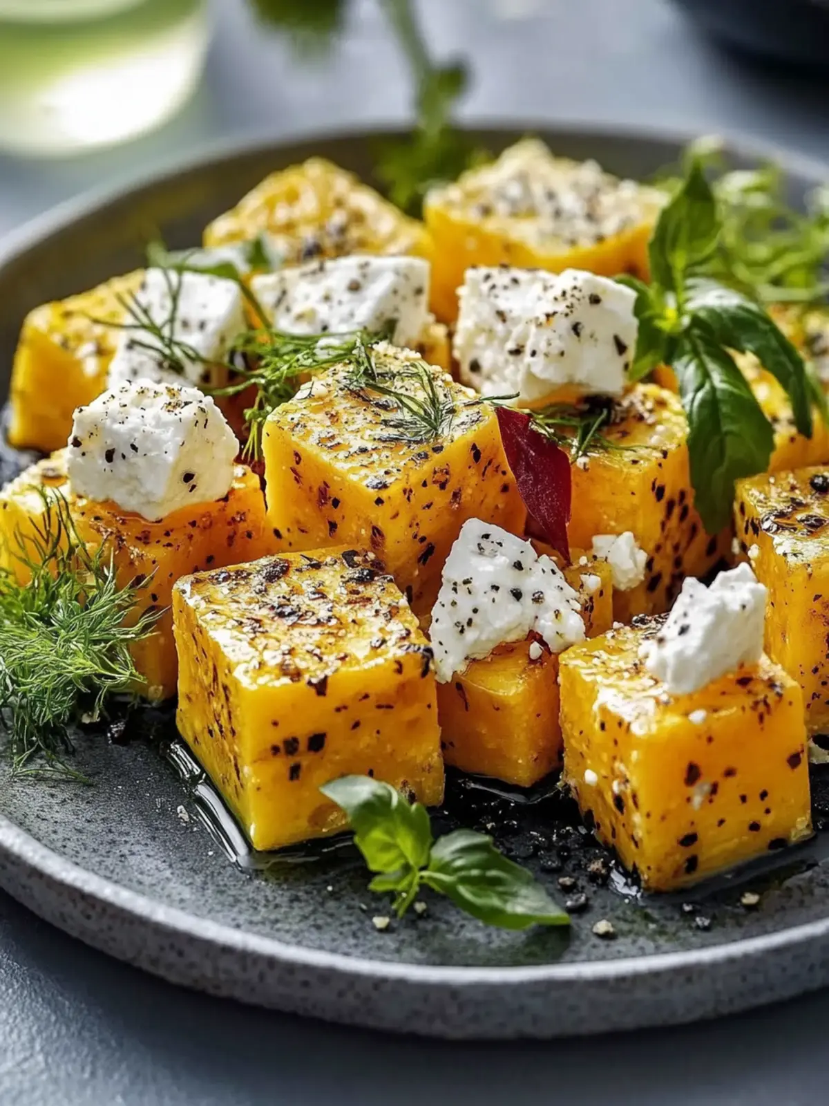 Kürbiswürfel mit gebackenem Feta genießen