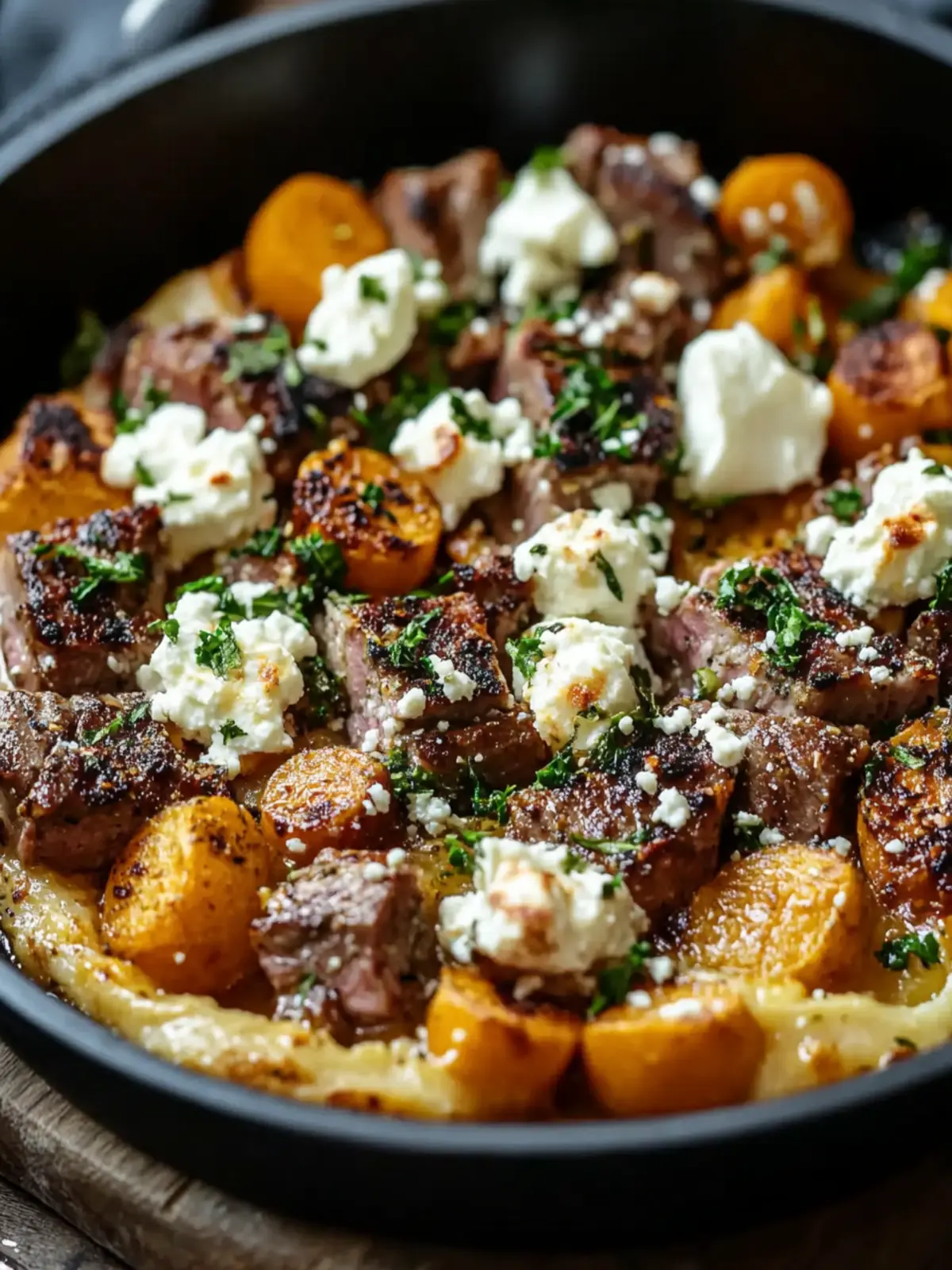 Sweet potato minced meat casserole with feta