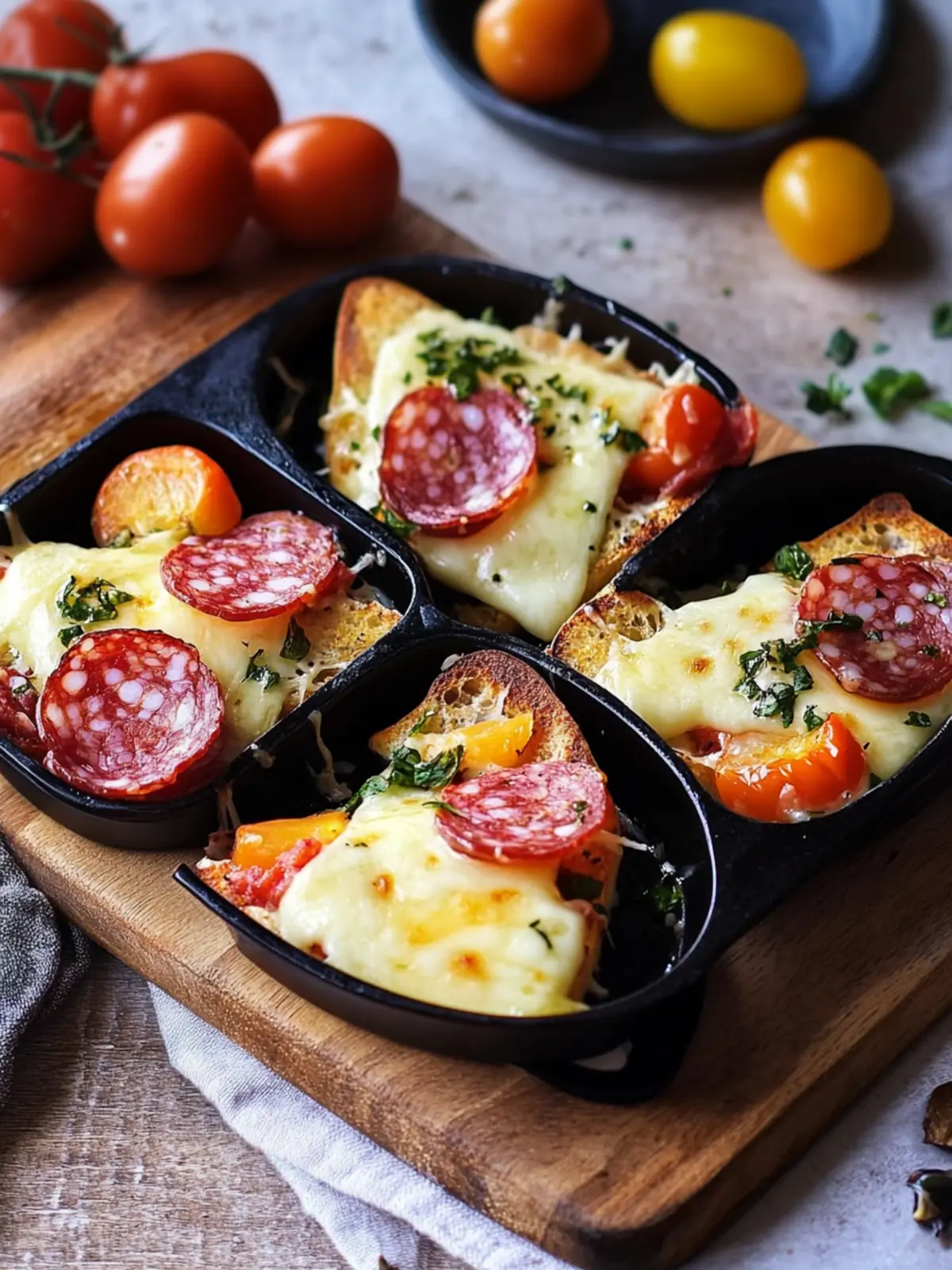 Raclette Pfännchen mit Salami und Tomaten
