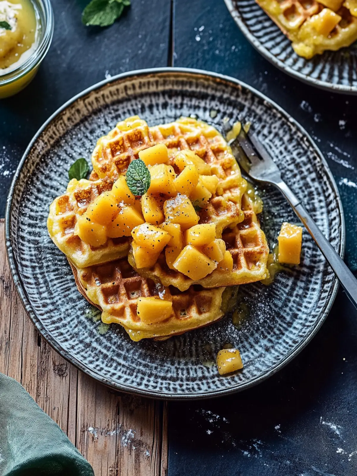 Rösti-Waffeln mit Apfel-Mango-Kompott