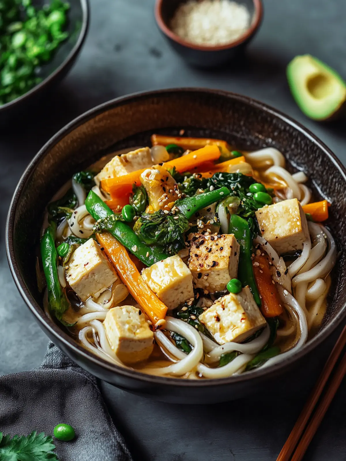 One-Pot Udon-Nudeln mit Ingwer-Gemüse und Tofu