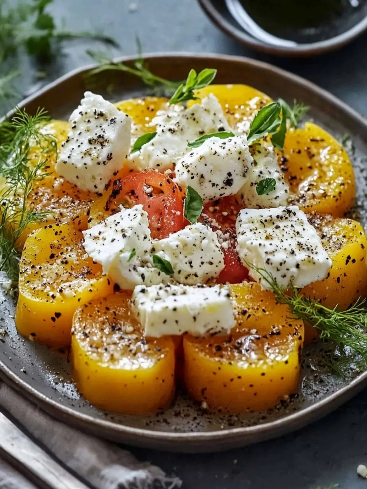 Kürbiswürfel mit gebackenem Feta genießen