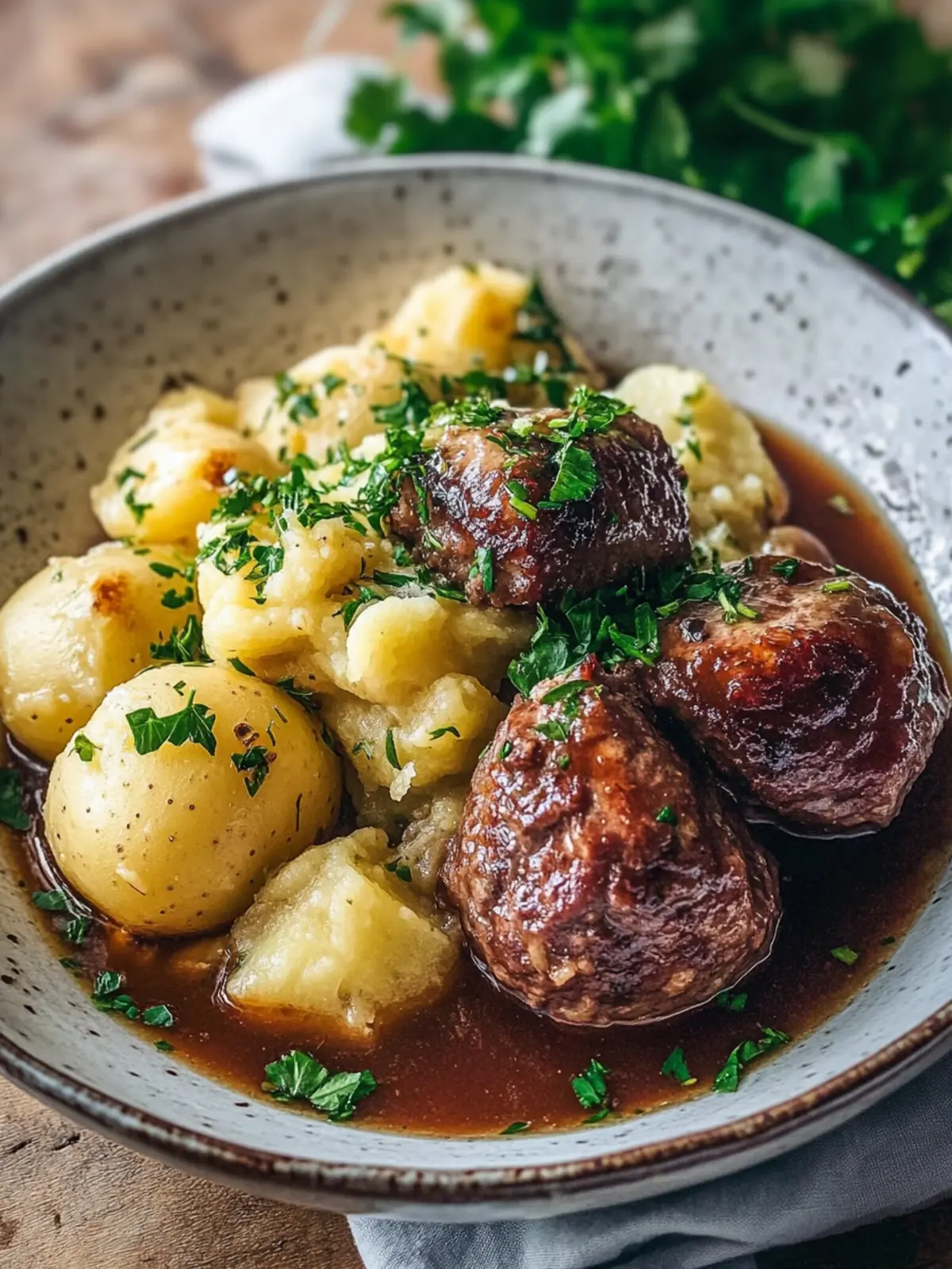 Klassische Kartoffelknödel mit zartem Rinderbraten und Soße