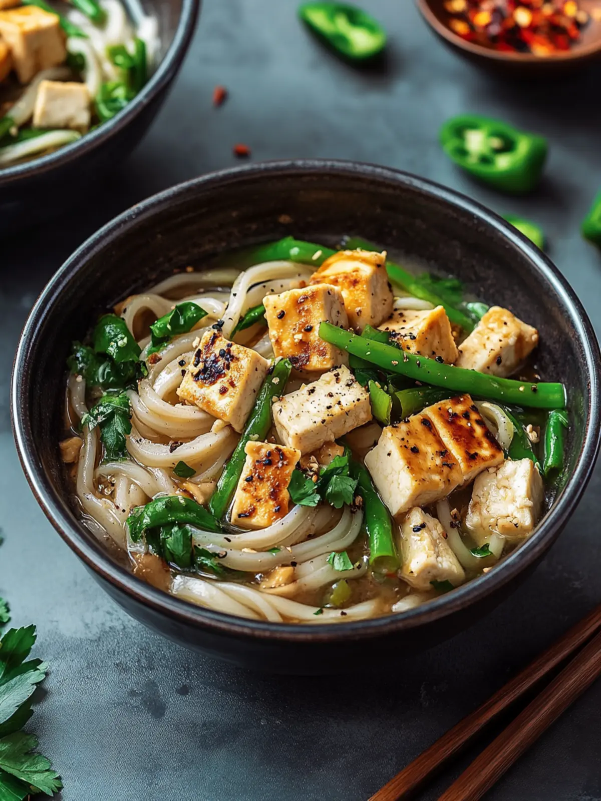 One-Pot Udon-Nudeln mit Ingwer-Gemüse und Tofu
