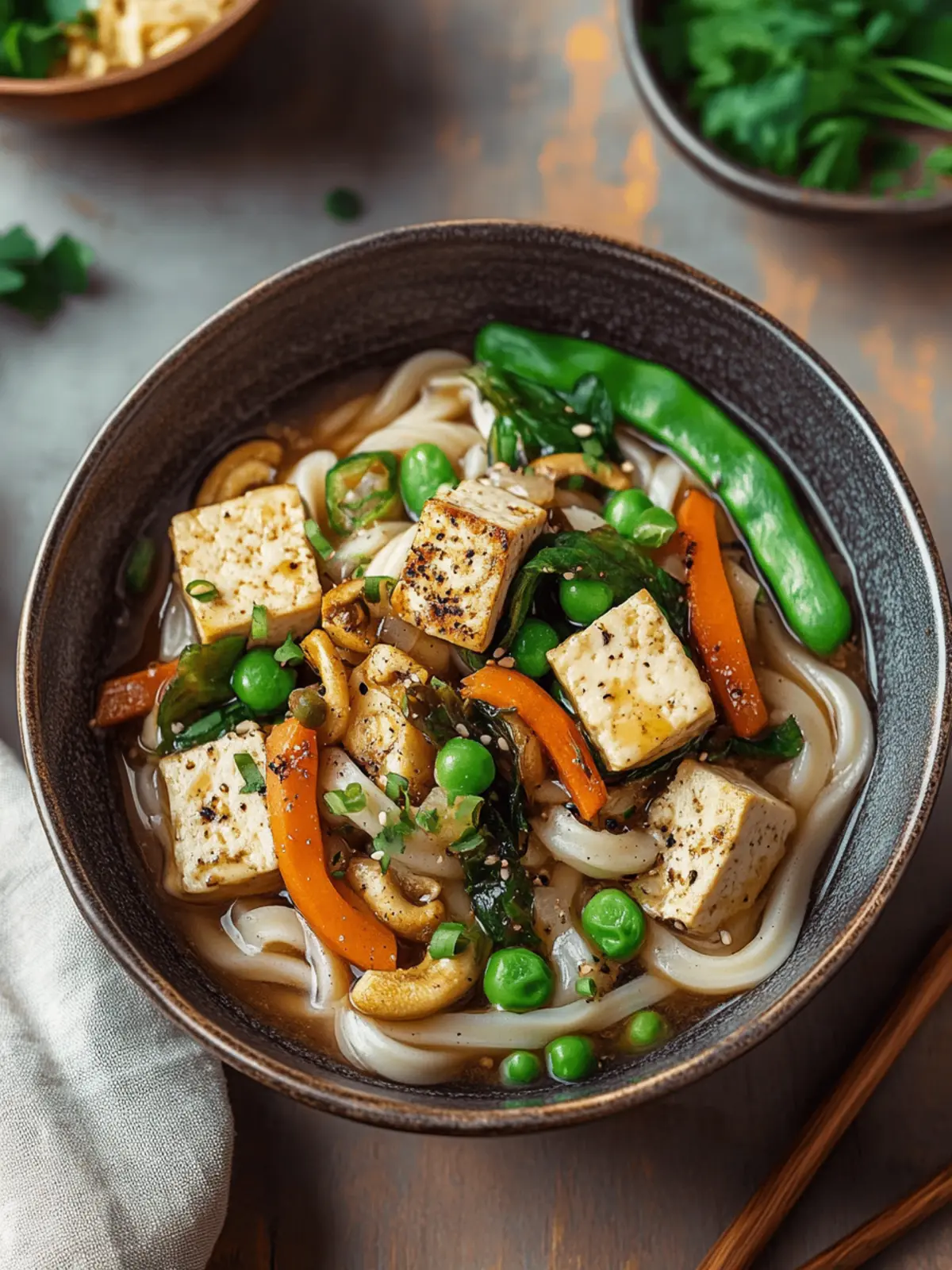 One-Pot Udon-Nudeln mit Ingwer-Gemüse und Tofu