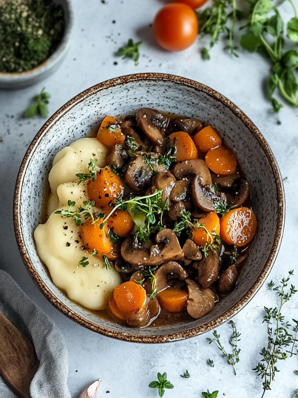Herzhafter reichhaltiger veganer Pilzeintopf