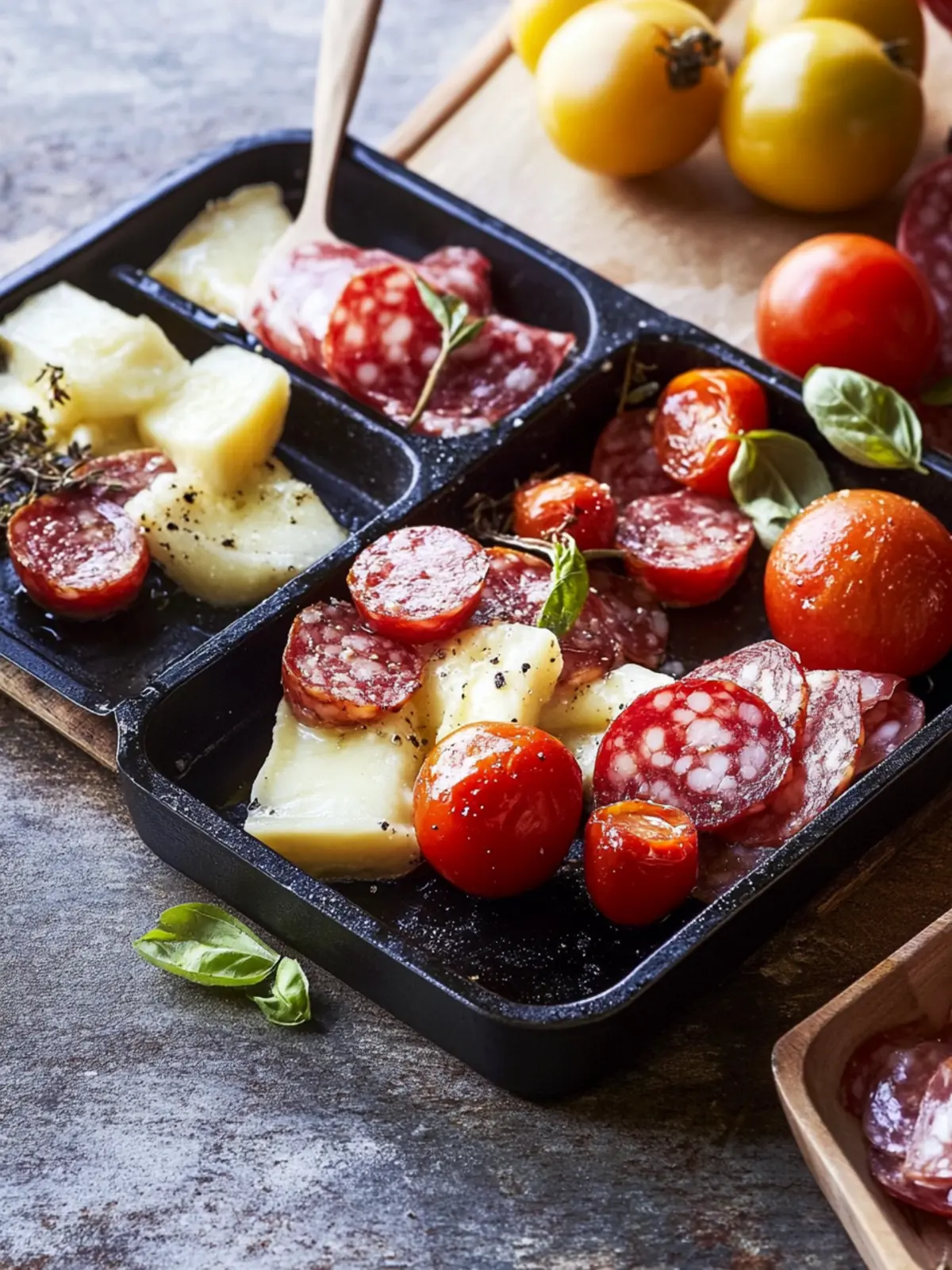 Raclette Pfännchen mit Salami und Tomaten