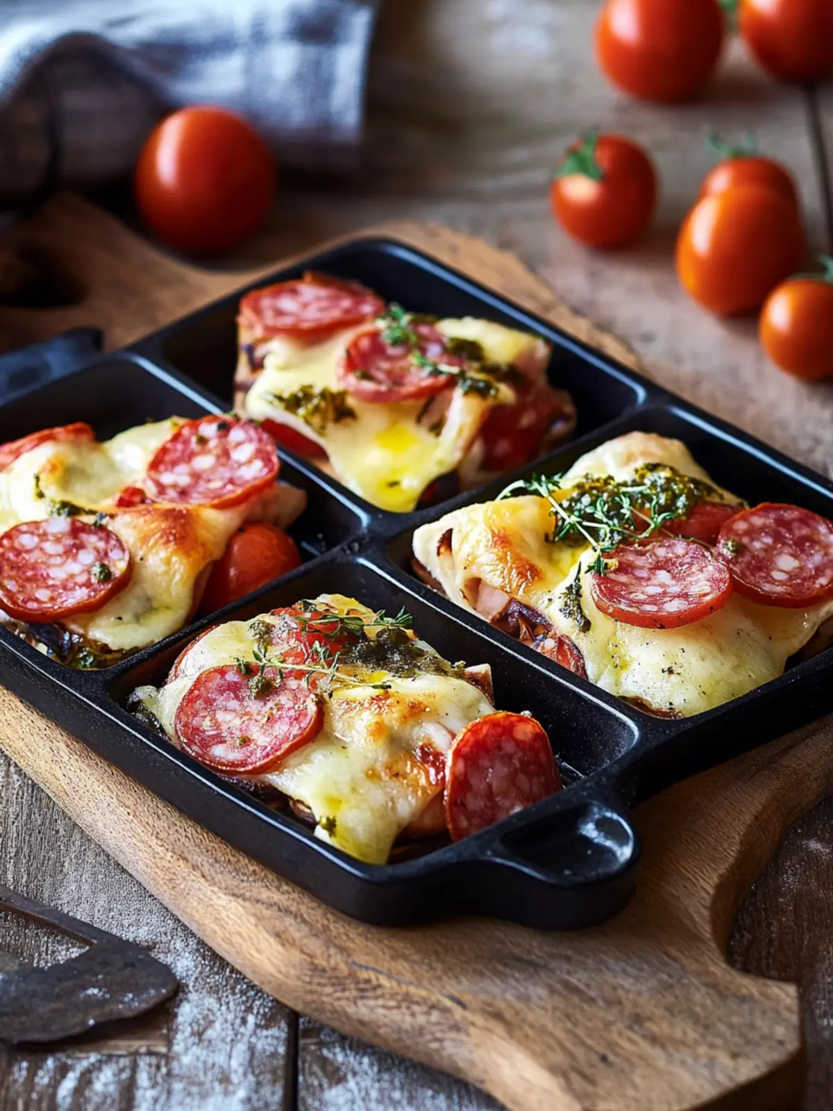 Raclette Pfännchen mit Salami und Tomaten