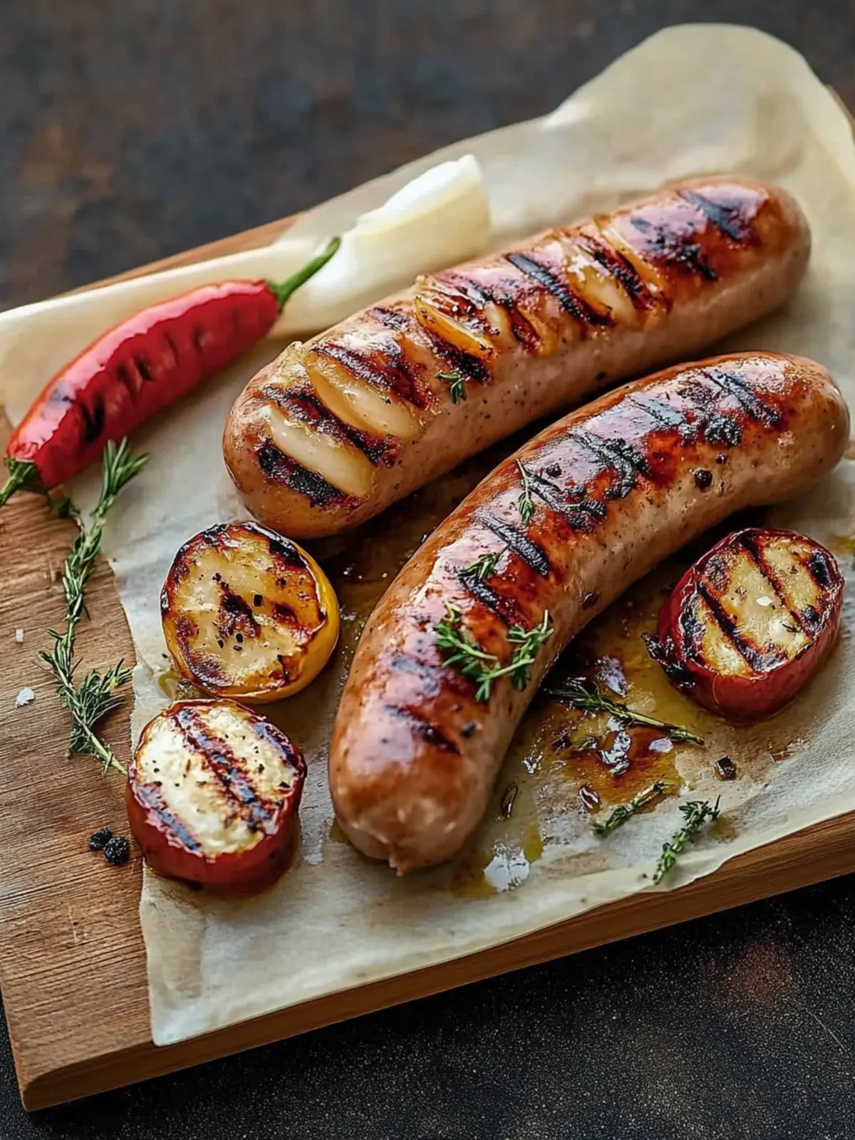 Kalbsbratwurst und Gemüse vom Grill
