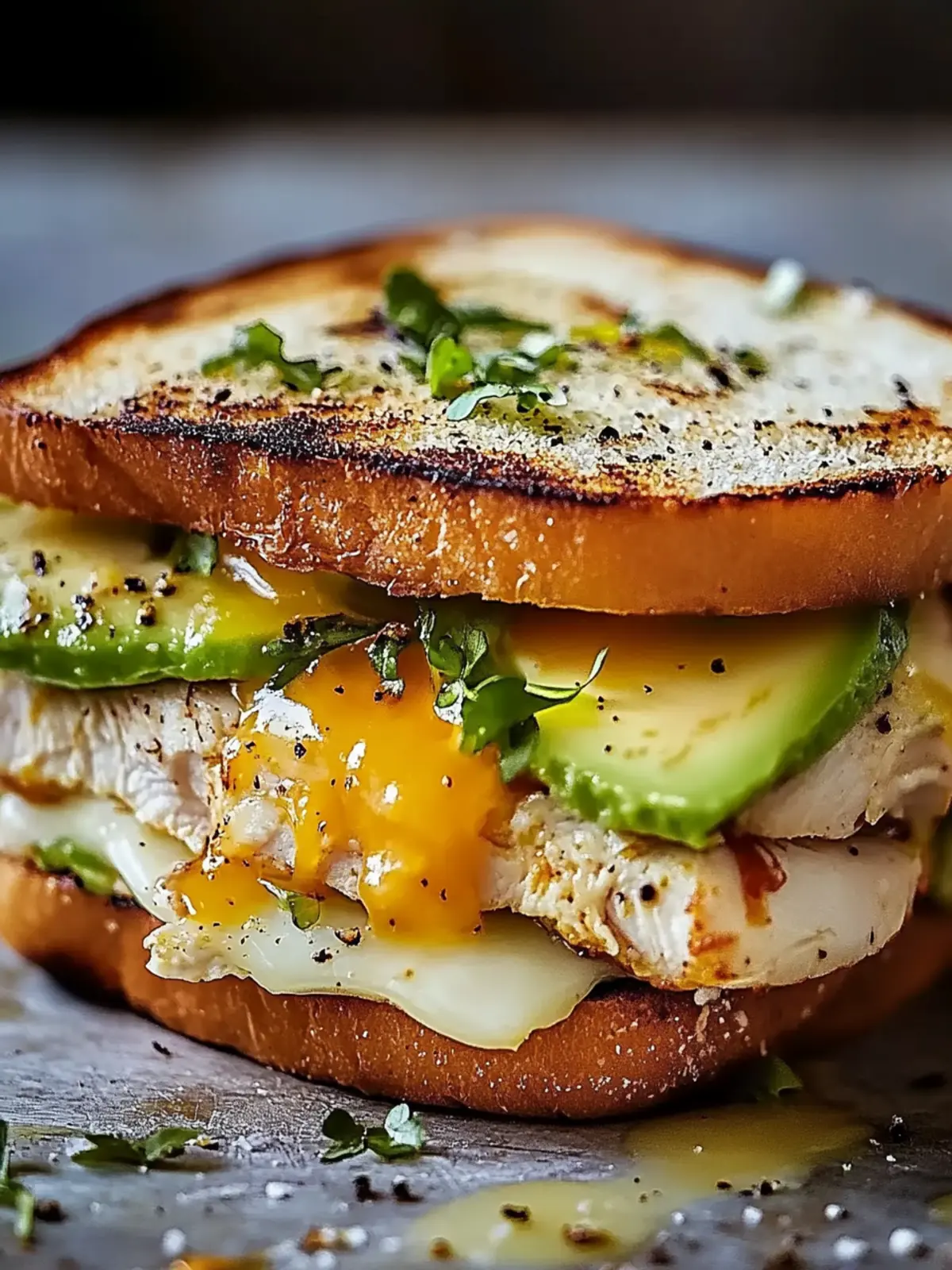 Hühnchen-Sandwich mit Hähnchen, Ei und Avocado