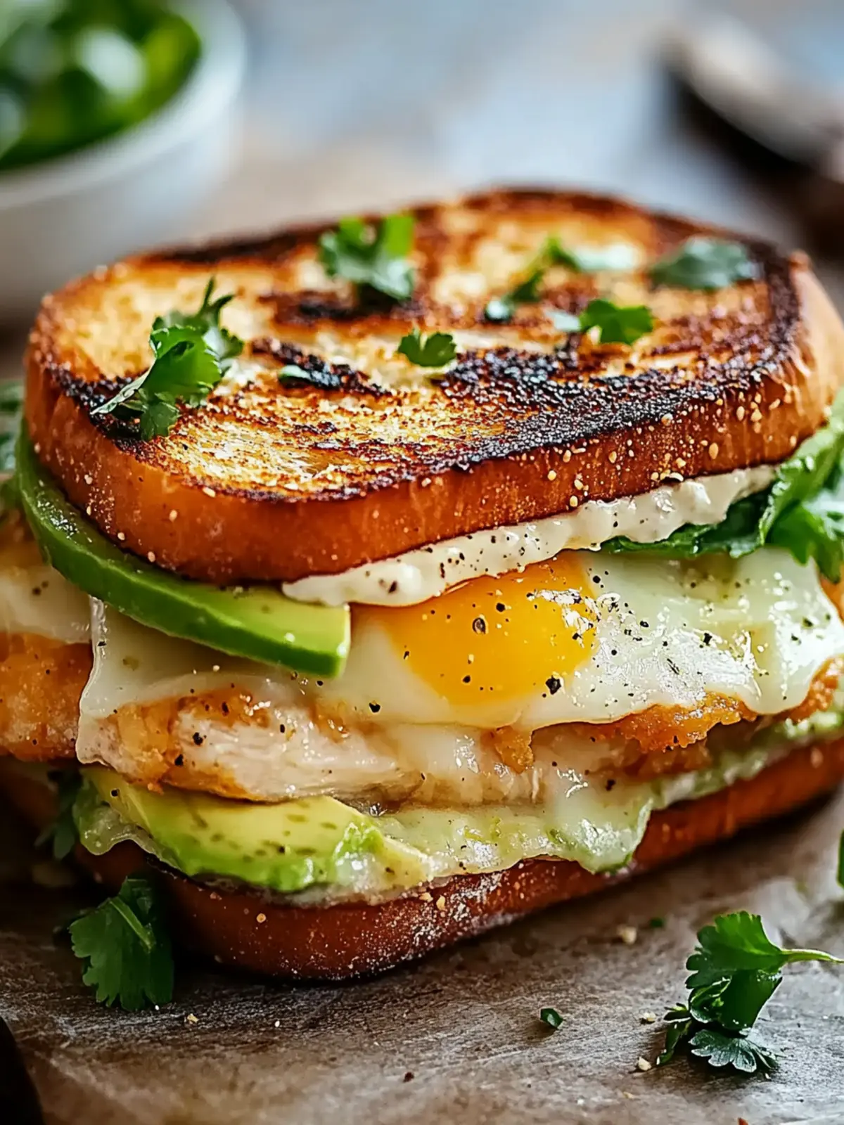 Hühnchen-Sandwich mit Hähnchen, Ei und Avocado