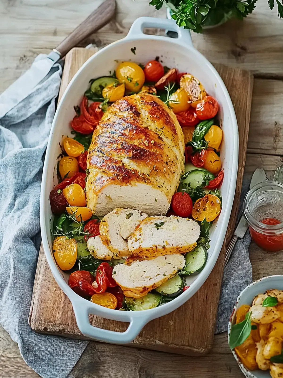 Chicken breast from the tray on colorful oven vegetables
