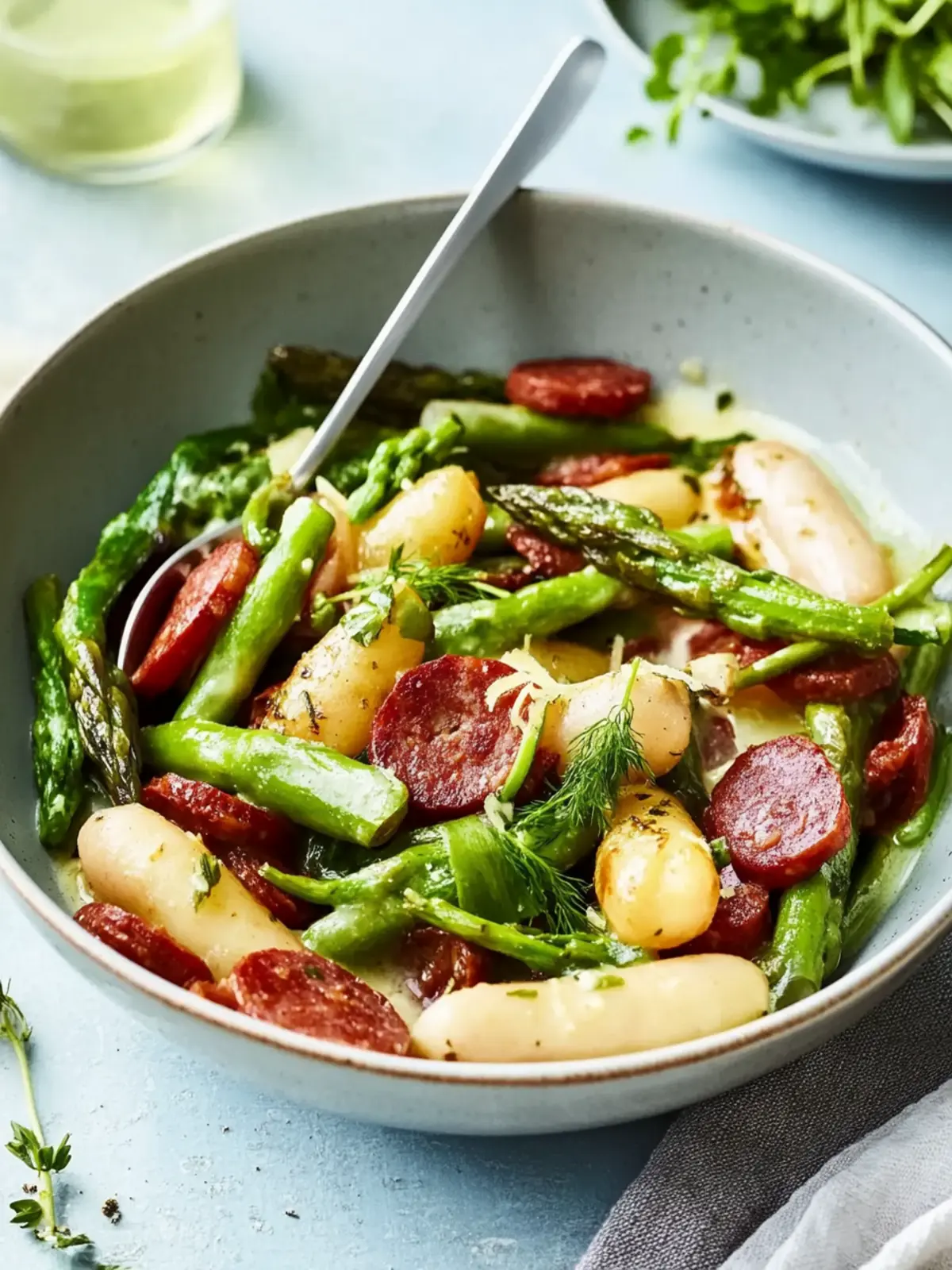 Spargel-Bohnen-Eintopf mit Chorizo-Chips