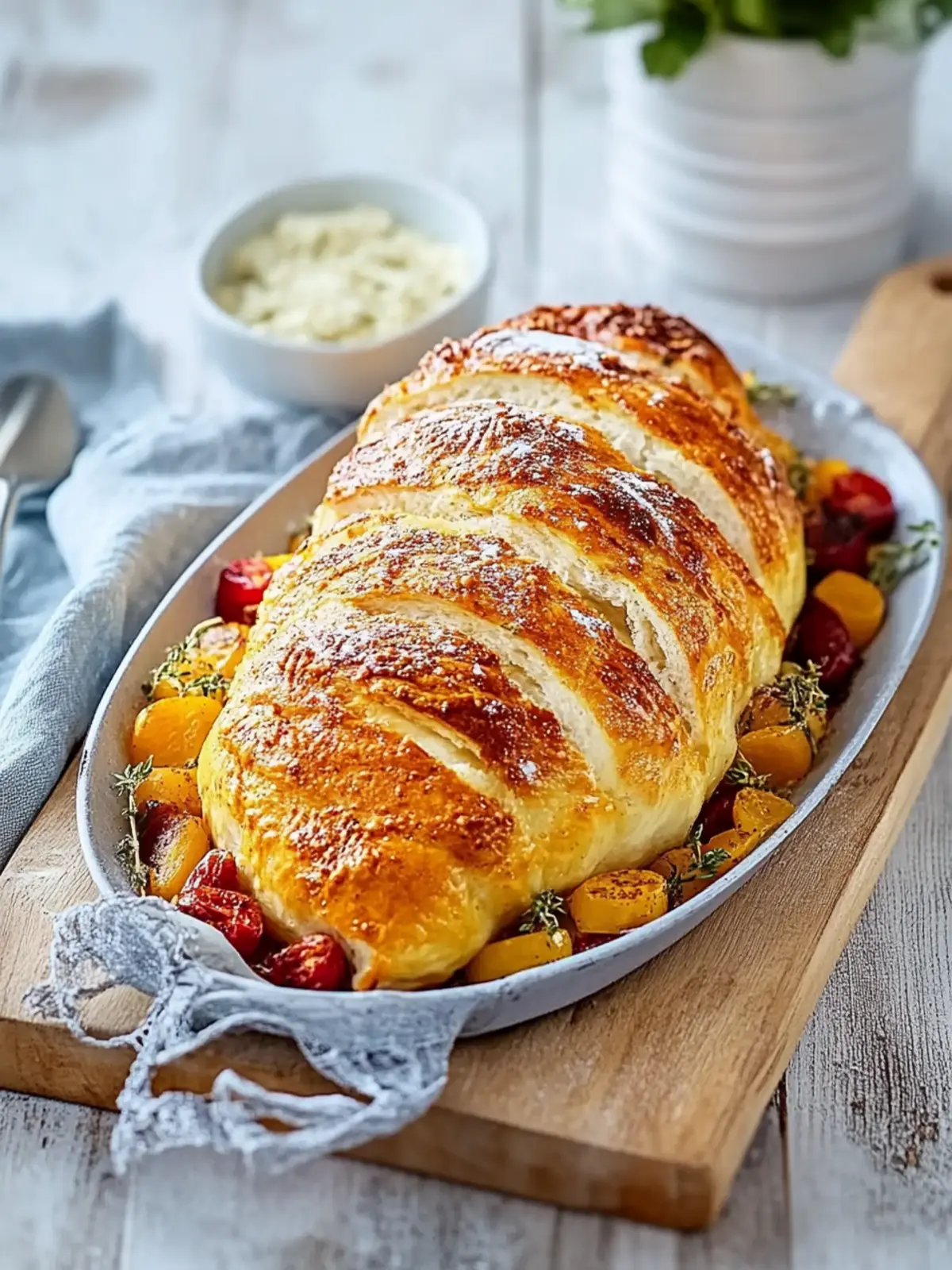 Chicken breast from the tray on colorful oven vegetables