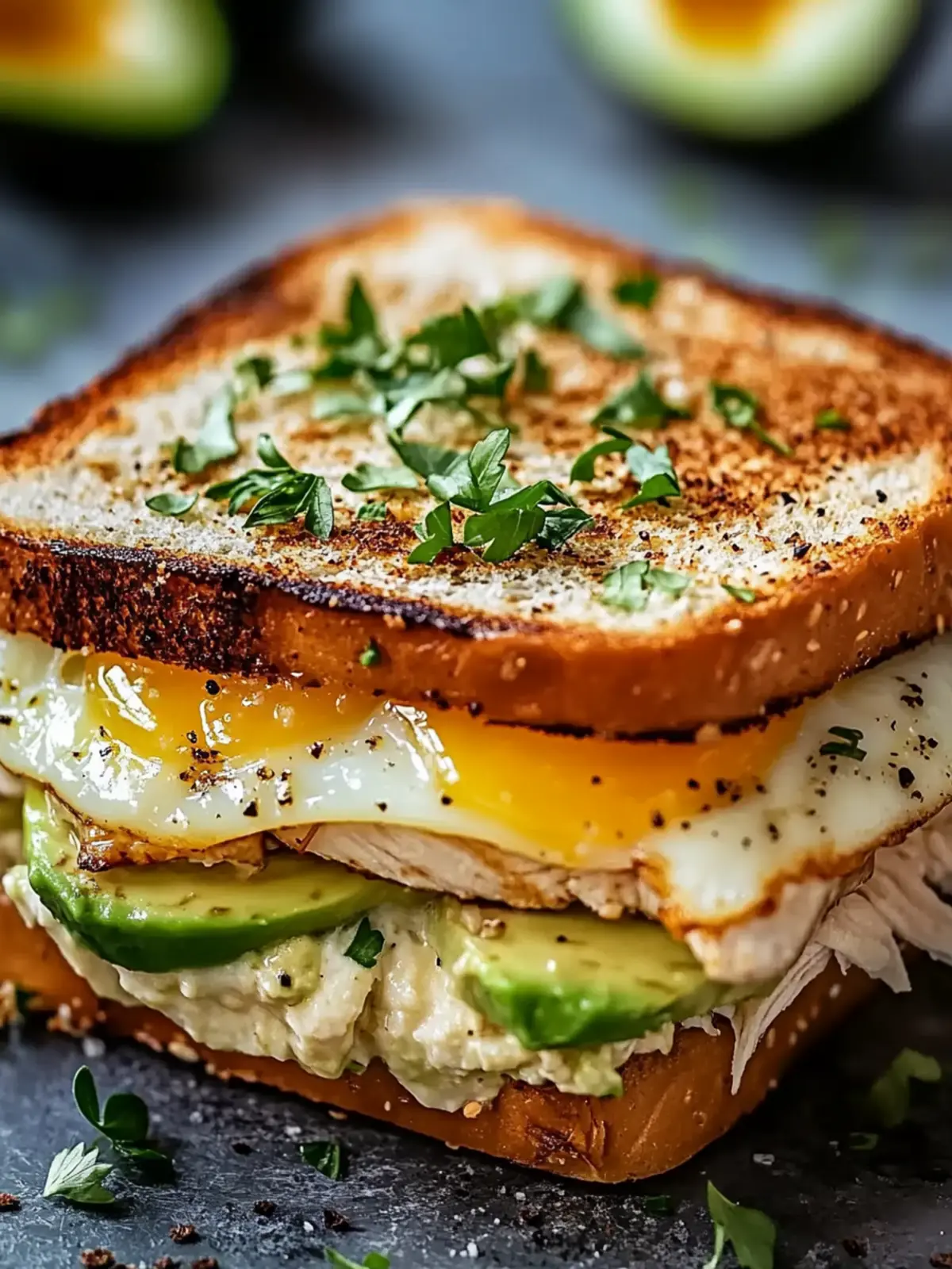 Hühnchen-Sandwich mit Hähnchen, Ei und Avocado