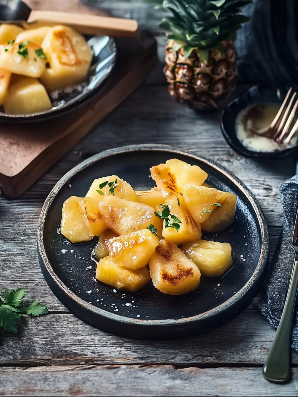 Raclette-Pfännchen mit Garnelen und Ananas
