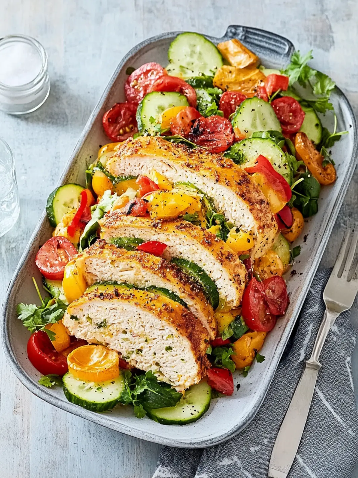 Chicken breast from the tray on colorful oven vegetables