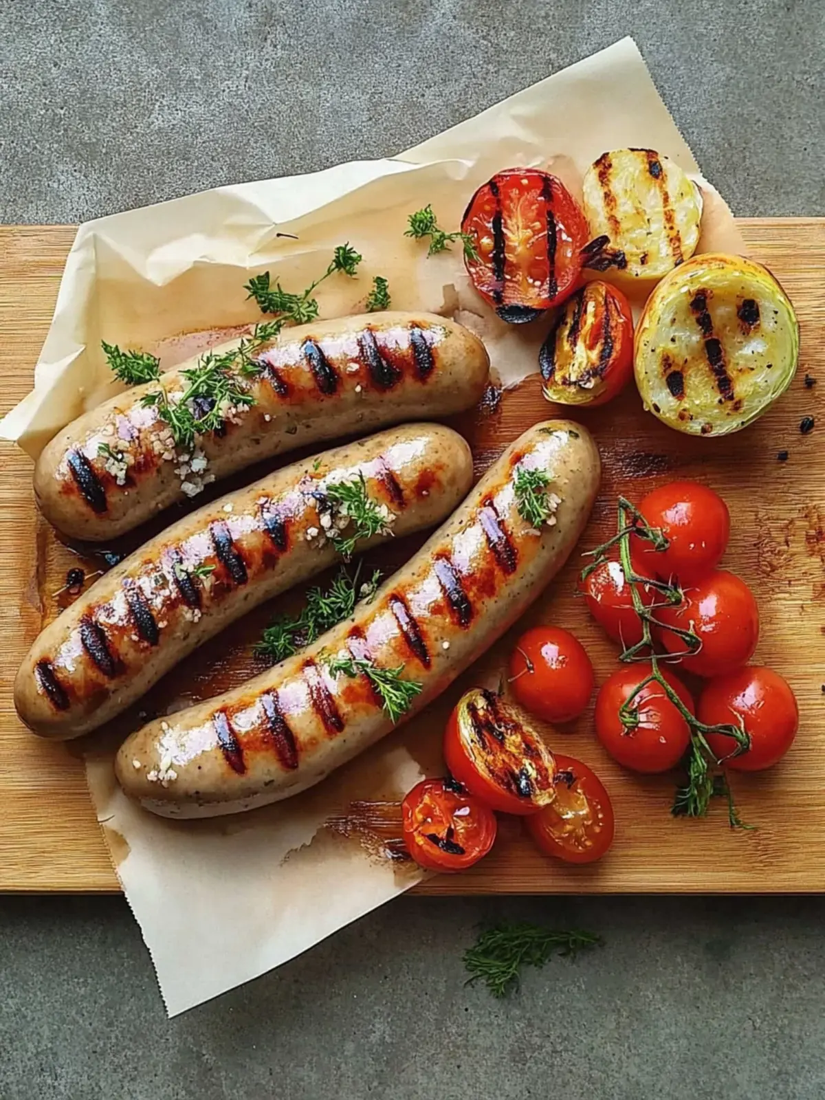 Kalbsbratwurst und Gemüse vom Grill