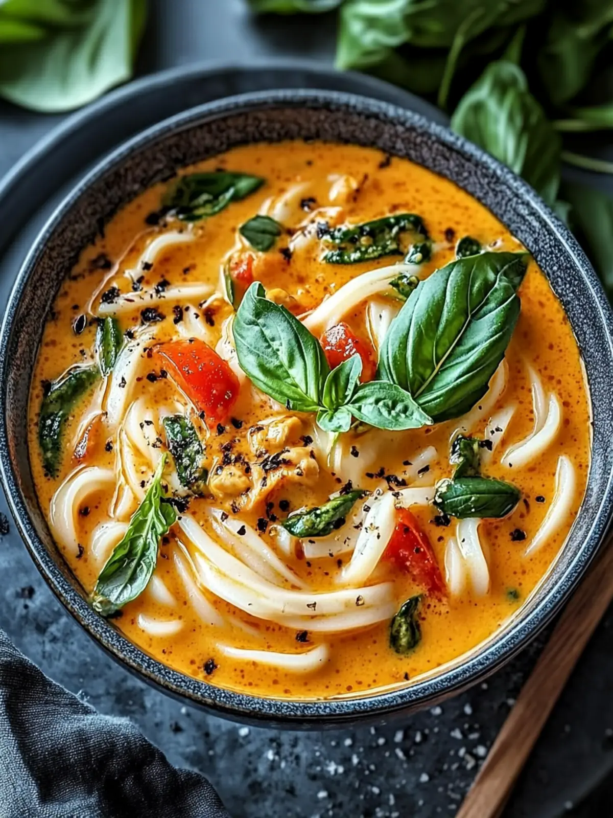 Cremige thailändische rote Curry Udon-Nudeln