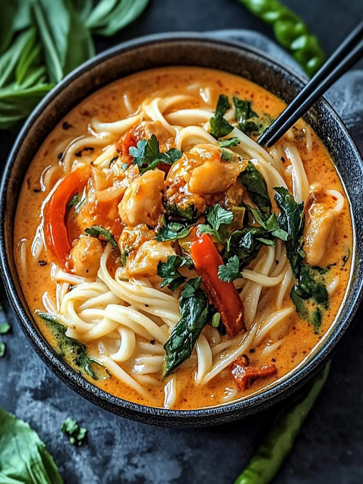 Cremige thailändische rote Curry Udon-Nudeln