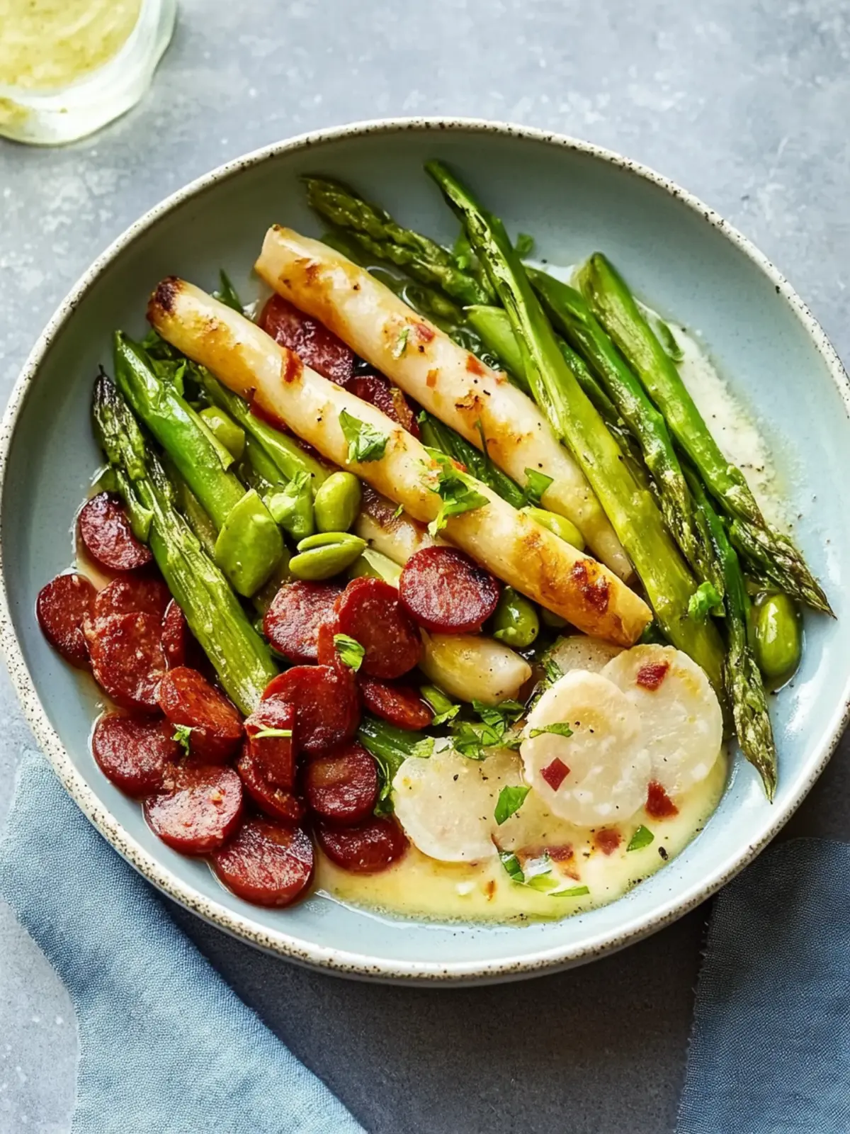Spargel-Bohnen-Eintopf mit Chorizo-Chips