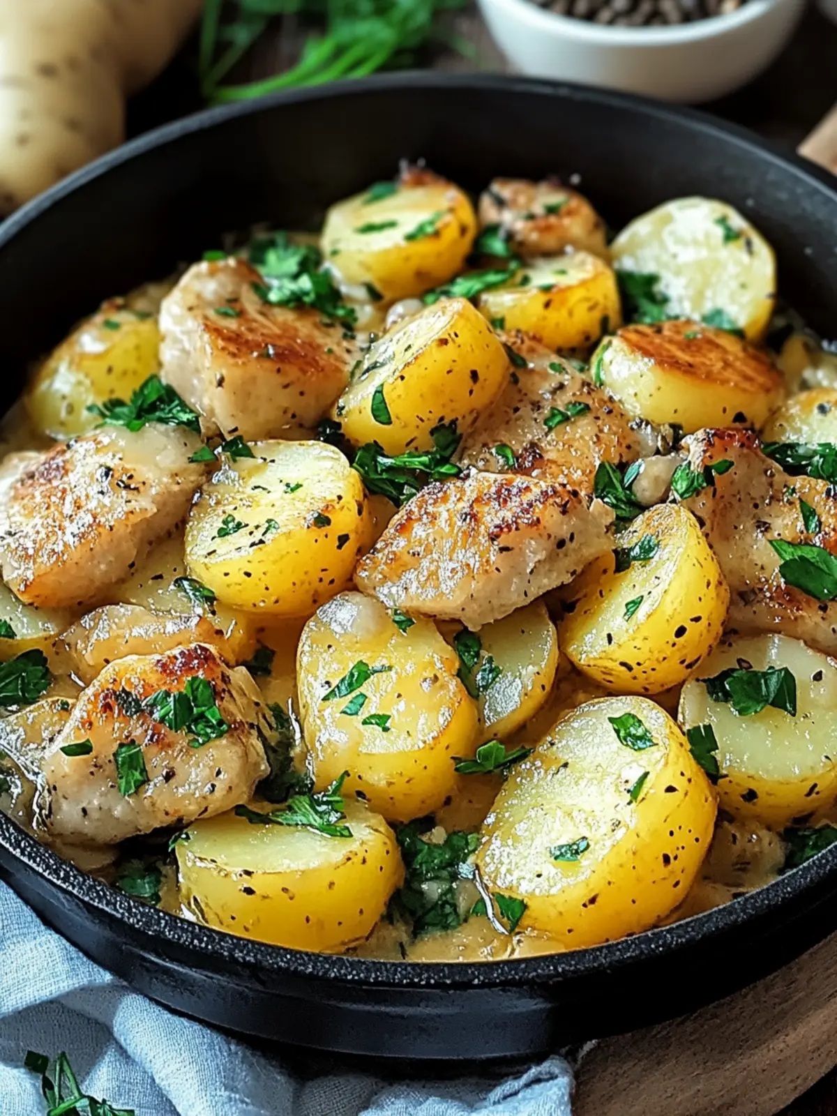 Knoblauchbutter Hühnchen Kartoffel Pfanne