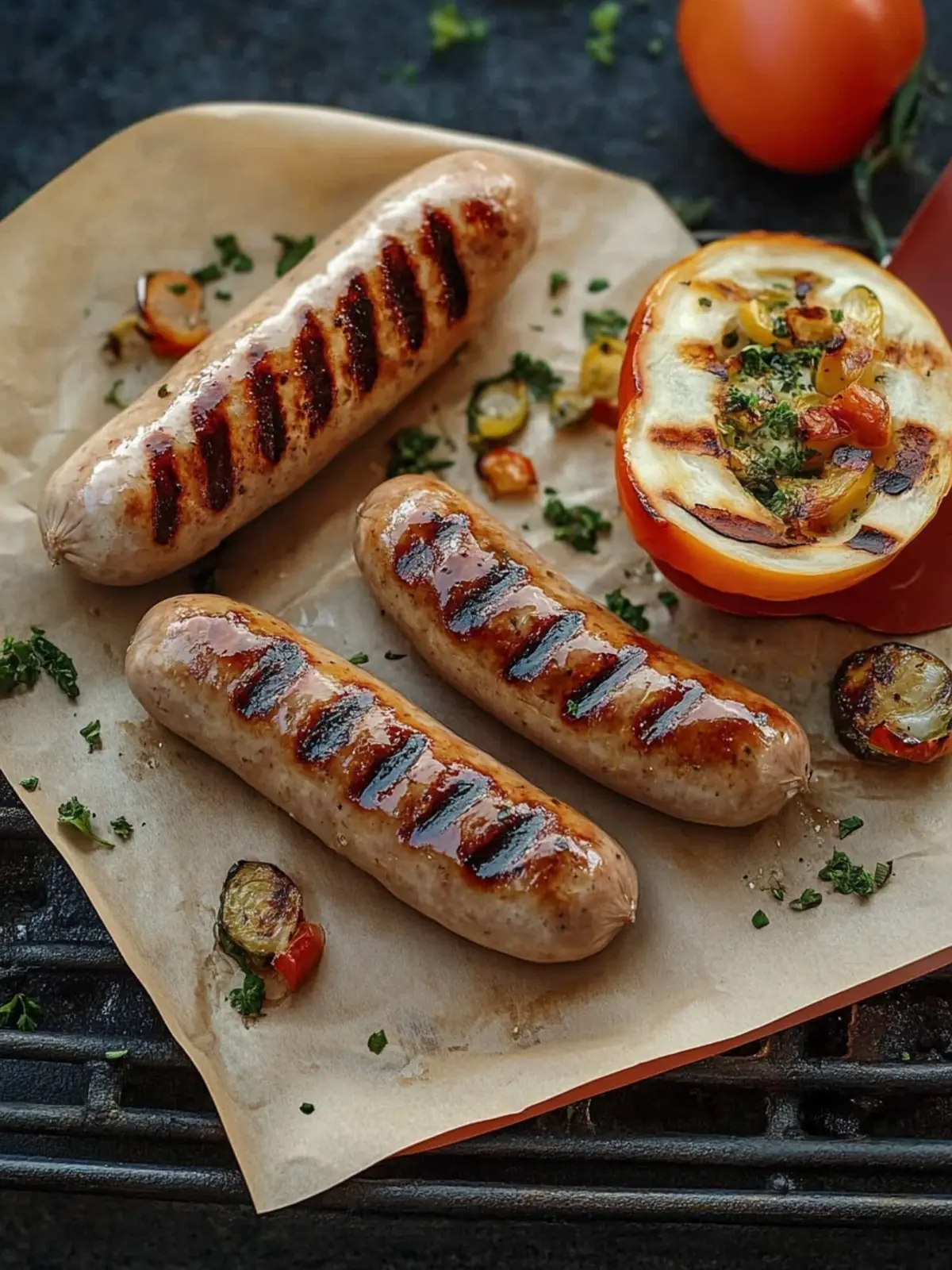 Kalbsbratwurst und Gemüse vom Grill