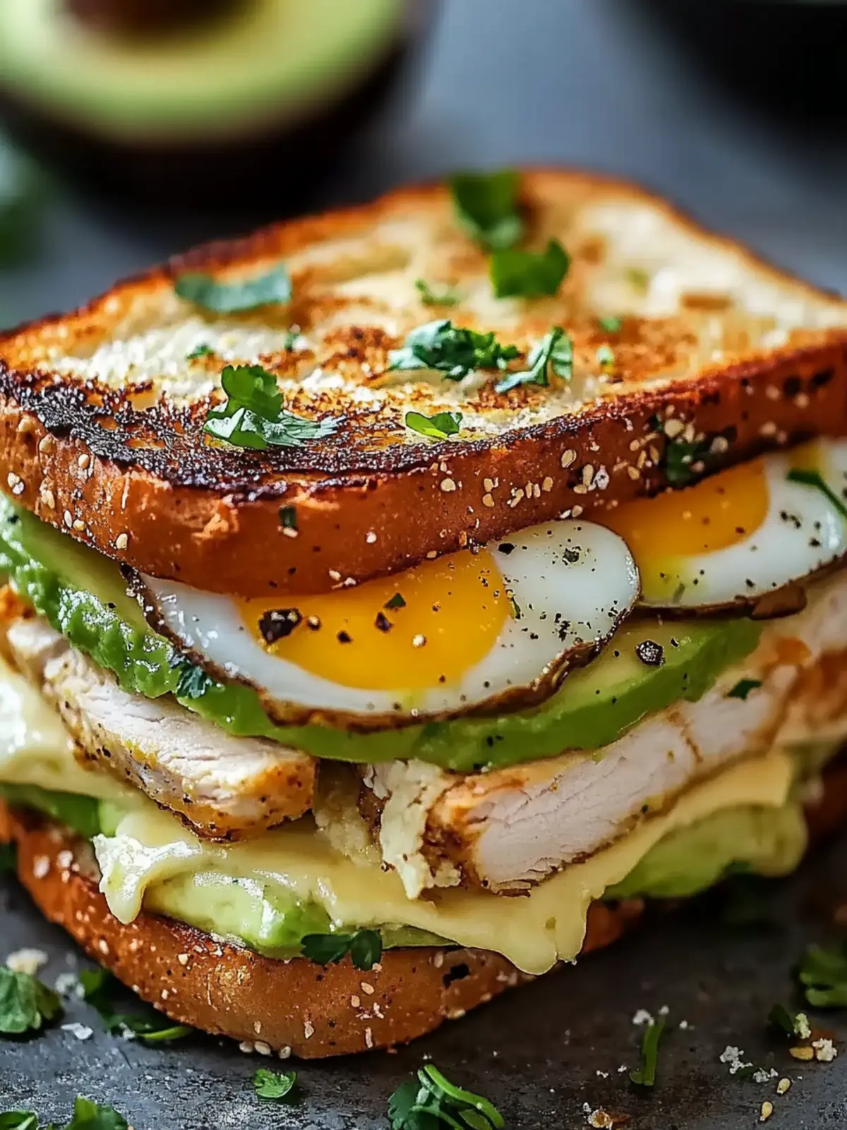 Hühnchen-Sandwich mit Hähnchen, Ei und Avocado
