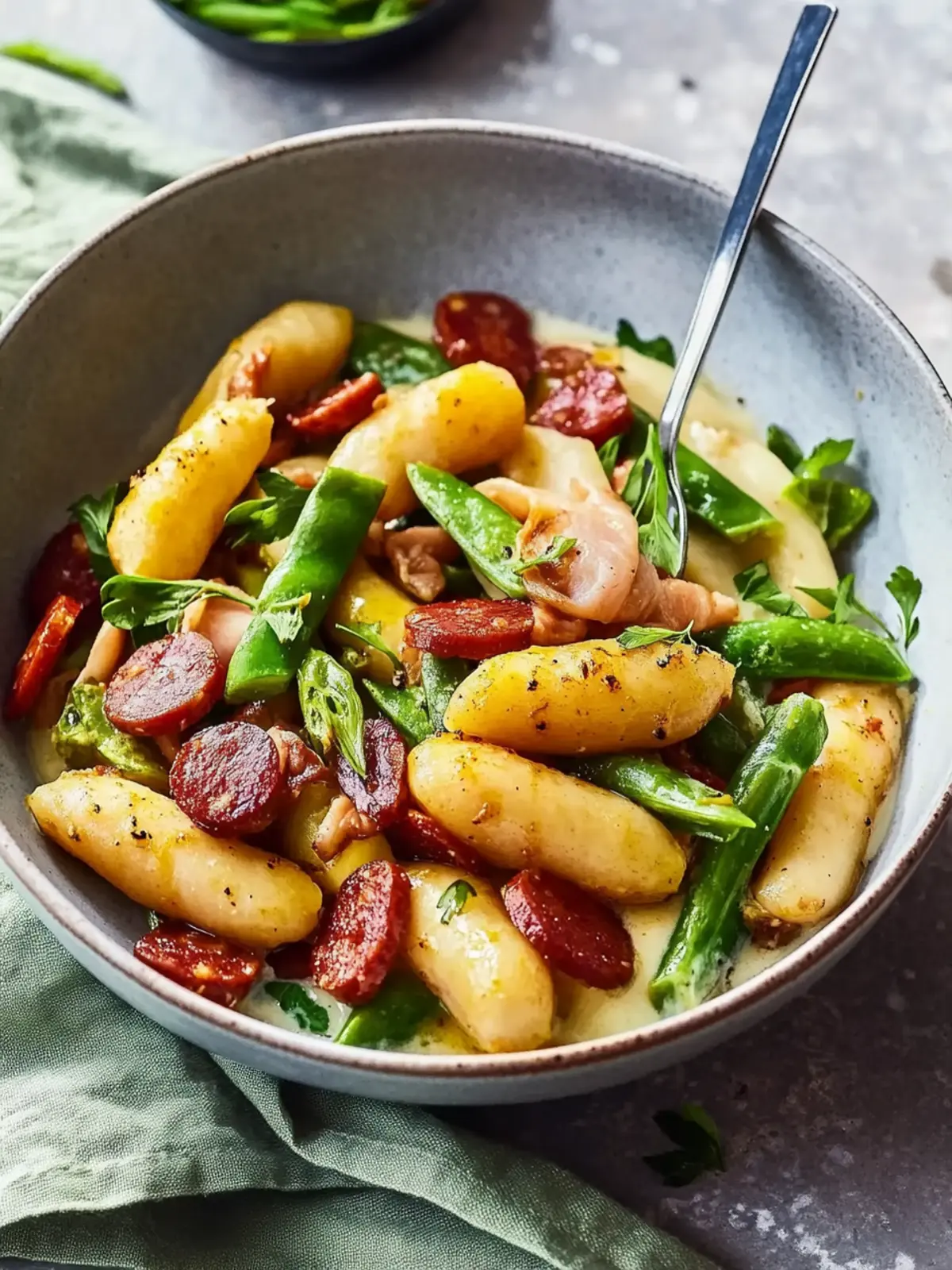 Spargel-Bohnen-Eintopf mit Chorizo-Chips