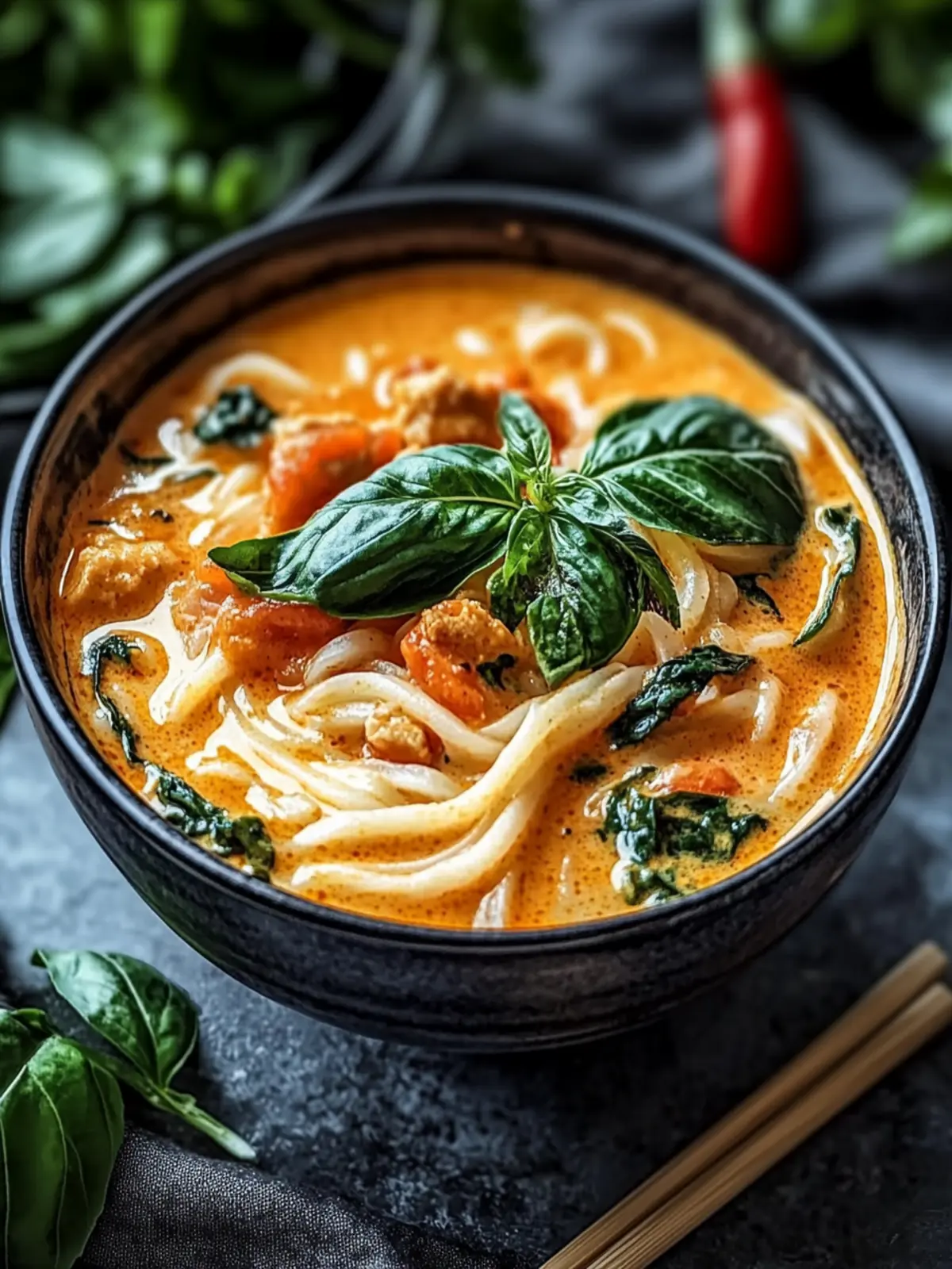 Cremige thailändische rote Curry Udon-Nudeln